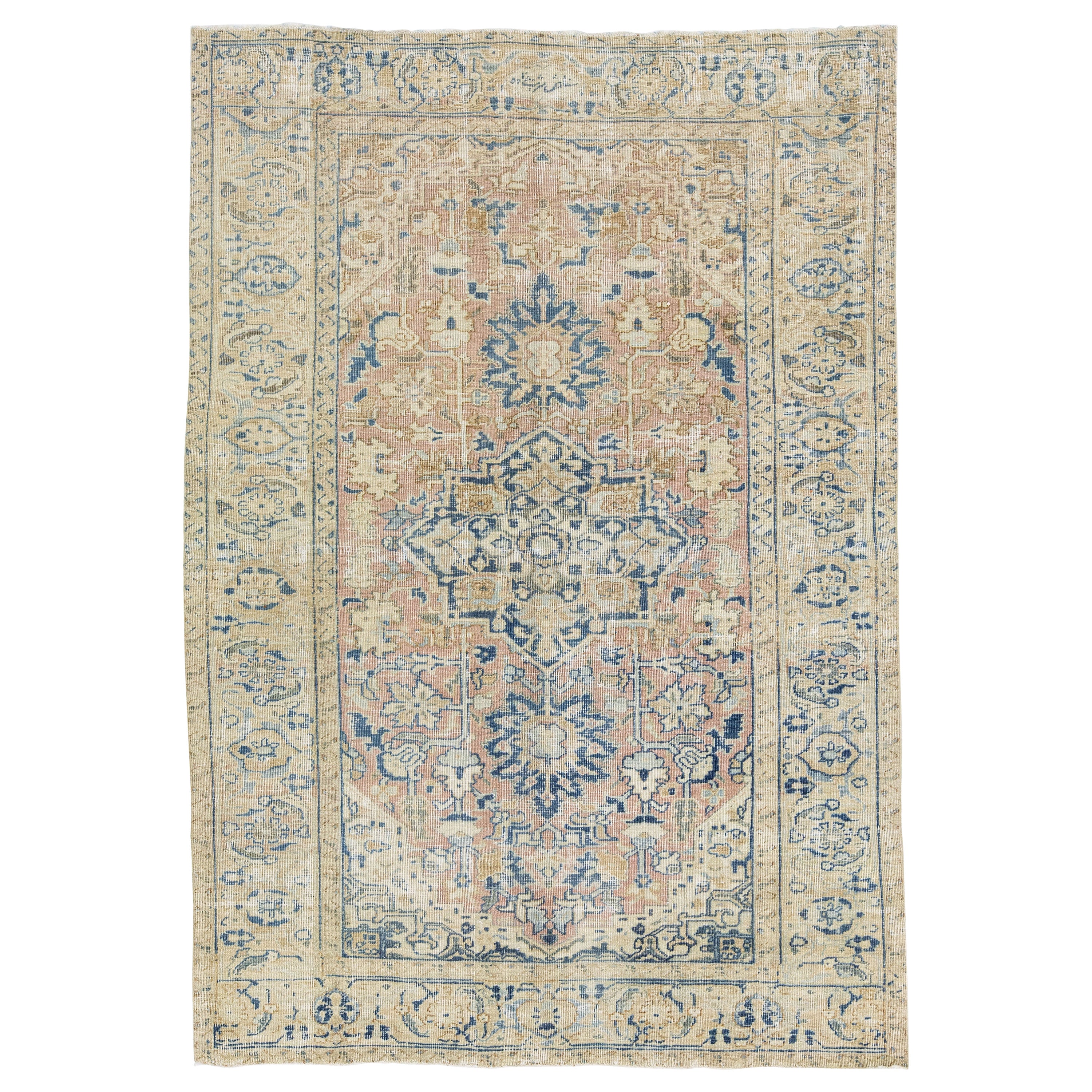 Tappeto in lana Heriz persiano antico fatto a mano color pesca e beige con motivo a medaglione