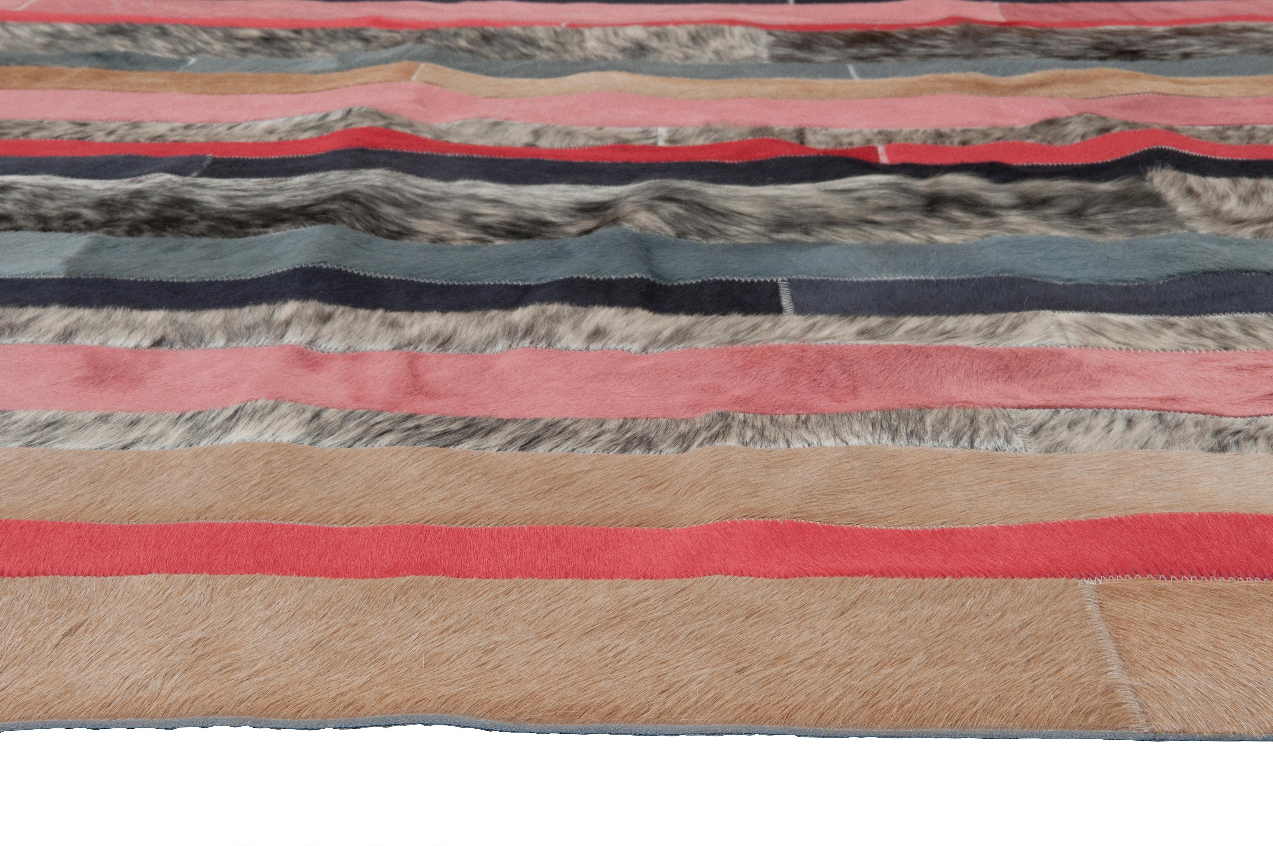 Machine-Made Peach, black & white stripes Nueva Raya Customizable Cowhide Area Rug XX-Large For Sale