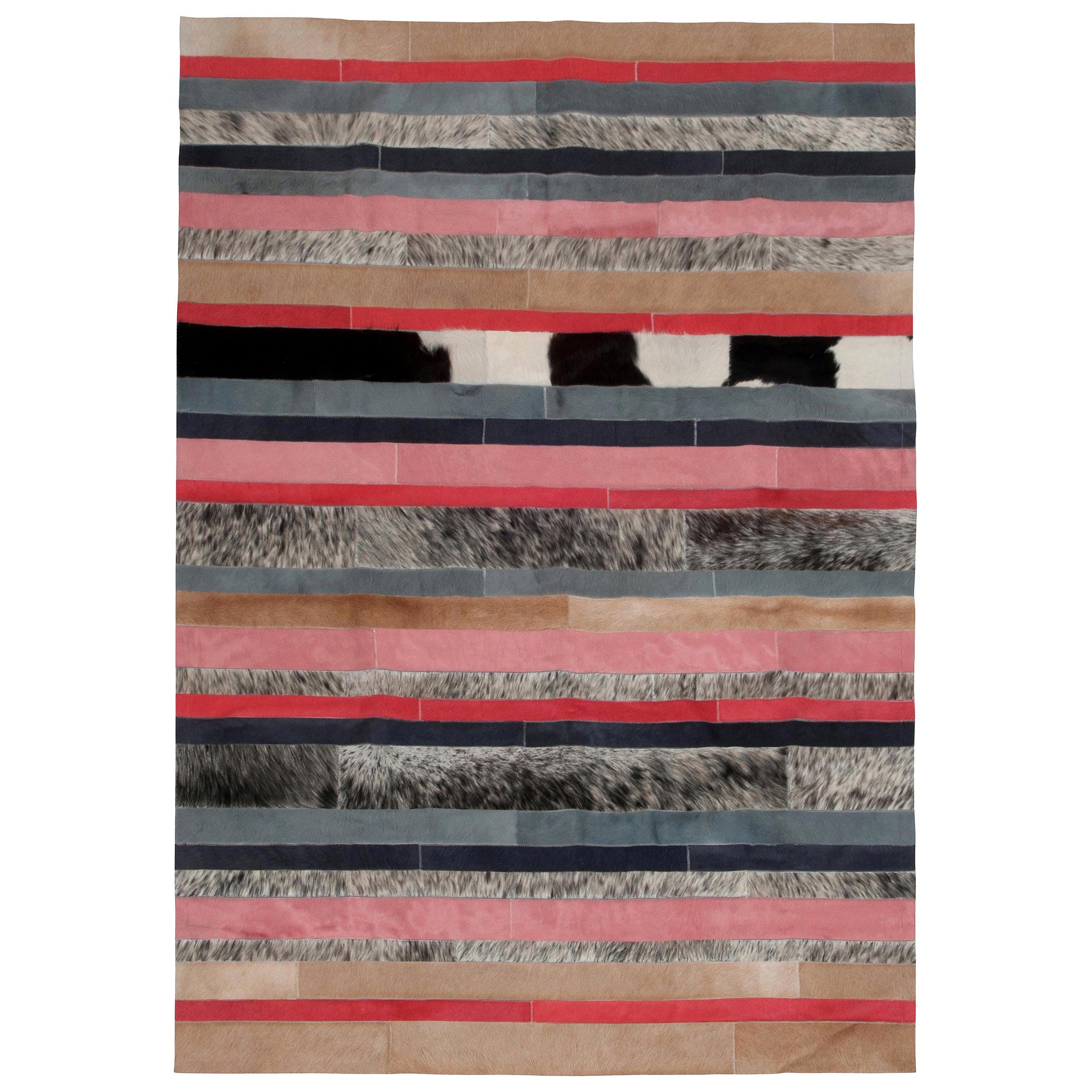 Pfirsichfarbener, schwarz-weißer Streifen-Teppich Nueva Raya aus Rindsleder XX-groß