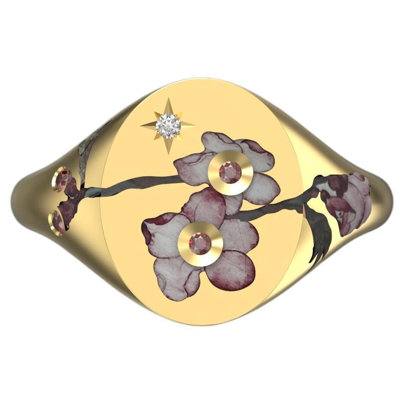 Peach Blossom Signet Ring, 18k yellow gold with Ruby For Sale