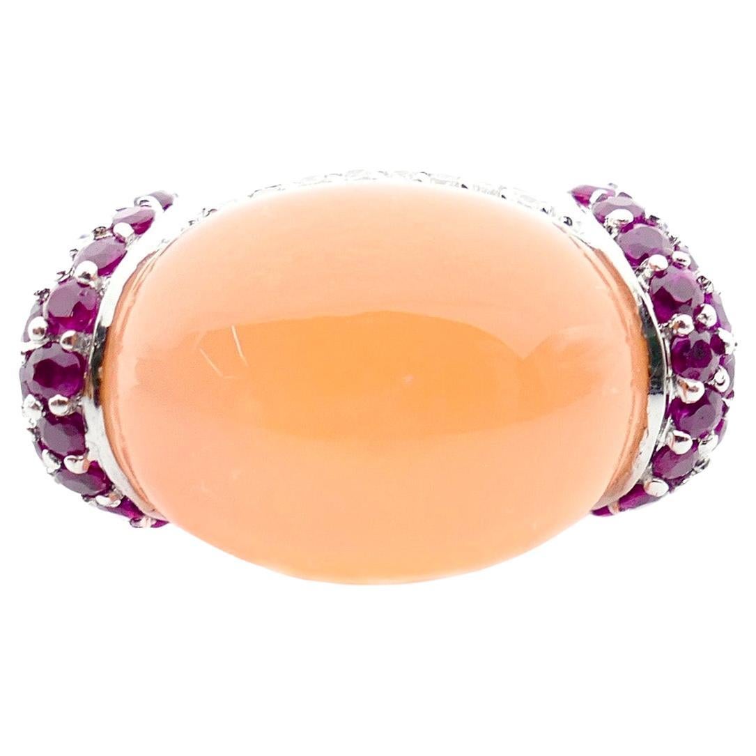 Peach Carnelian with Pave Set Rubies and Diamonds Ring For Sale