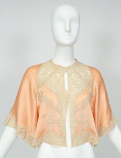 Peach Charmeuse and Illusion Lace Bed Jacket with Flutter Sleeves – S-M, 1930s