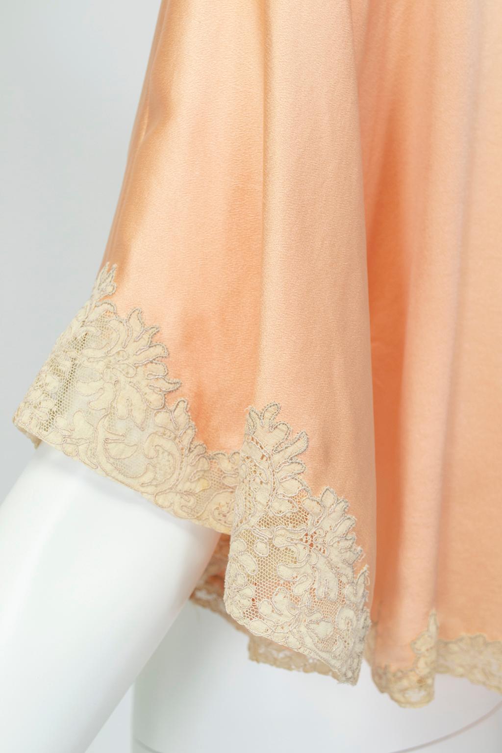Peach Charmeuse and Illusion Lace Bed Jacket with Flutter Sleeves – S-M, 1930s In Excellent Condition In Tucson, AZ