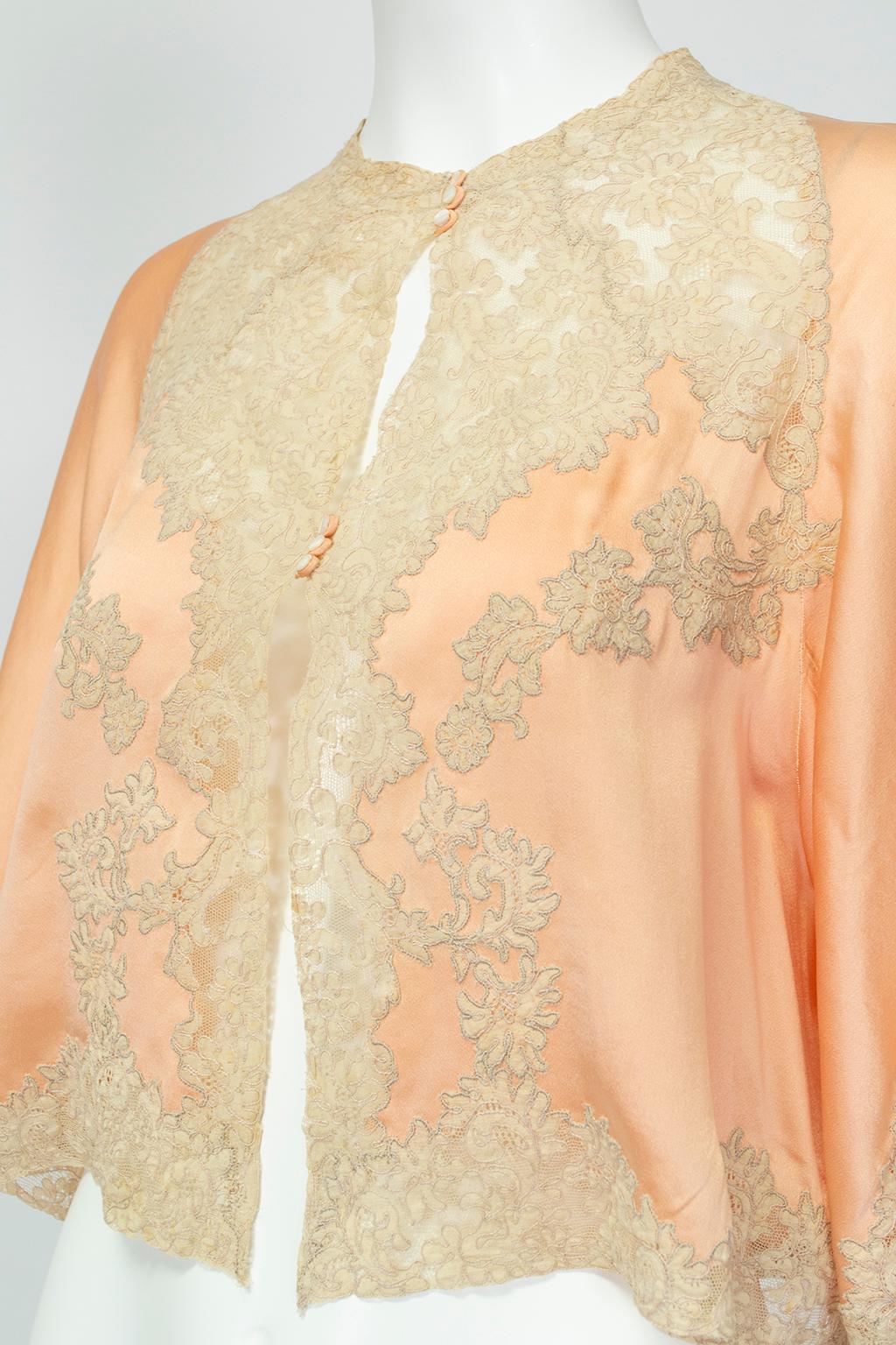 Women's Peach Charmeuse and Illusion Lace Bed Jacket with Flutter Sleeves – S-M, 1930s