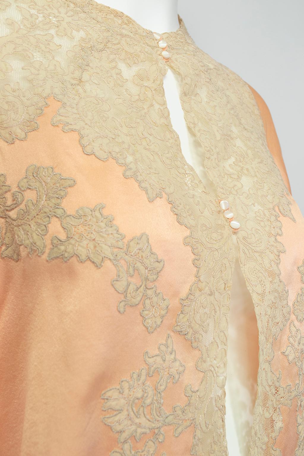 Peach Charmeuse and Illusion Lace Bed Jacket with Flutter Sleeves – S-M, 1930s 1