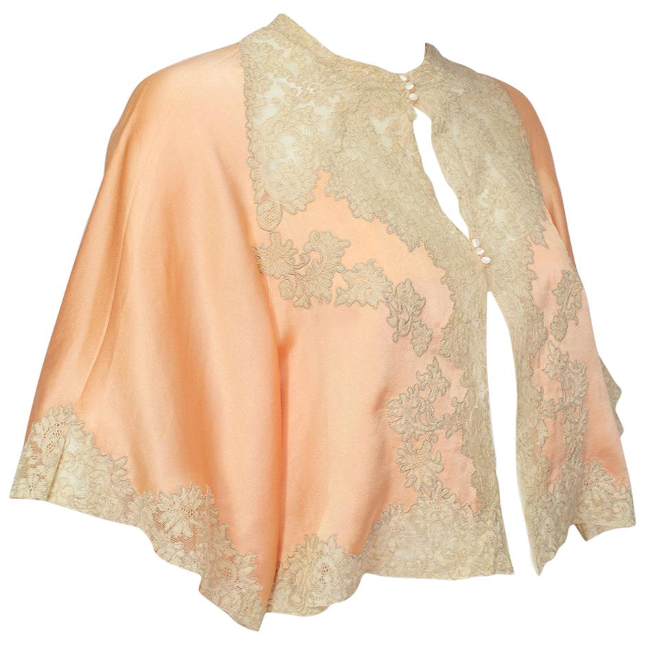 Peach Charmeuse and Illusion Lace Bed Jacket with Flutter Sleeves – S-M, 1930s