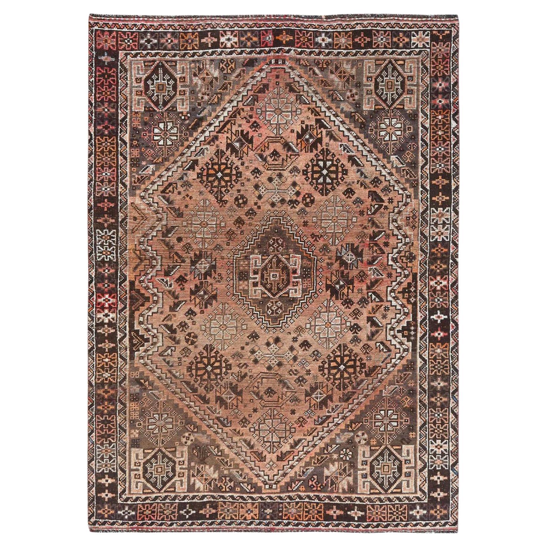 Peach Color, Distressed Look Worn Wool Hand Knotted, Vintage Persian