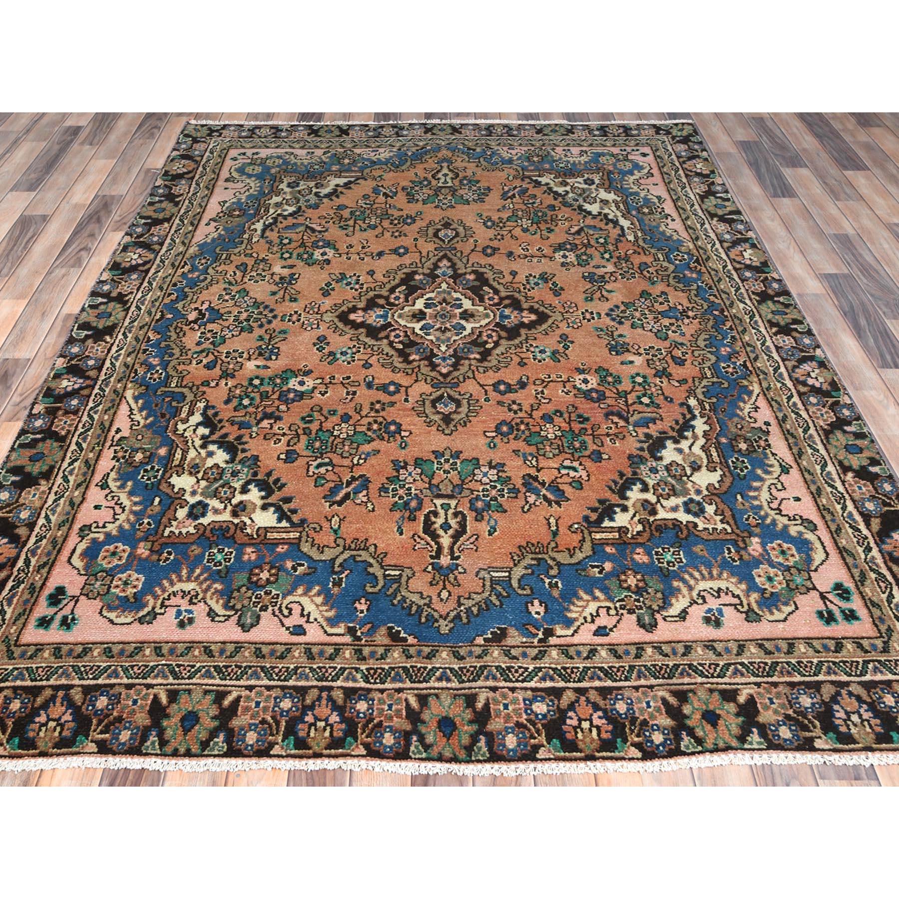Medieval Peach Color, Distressed Worn Wool Hand Knotted, Vintage Persian Bibikabad Rug For Sale