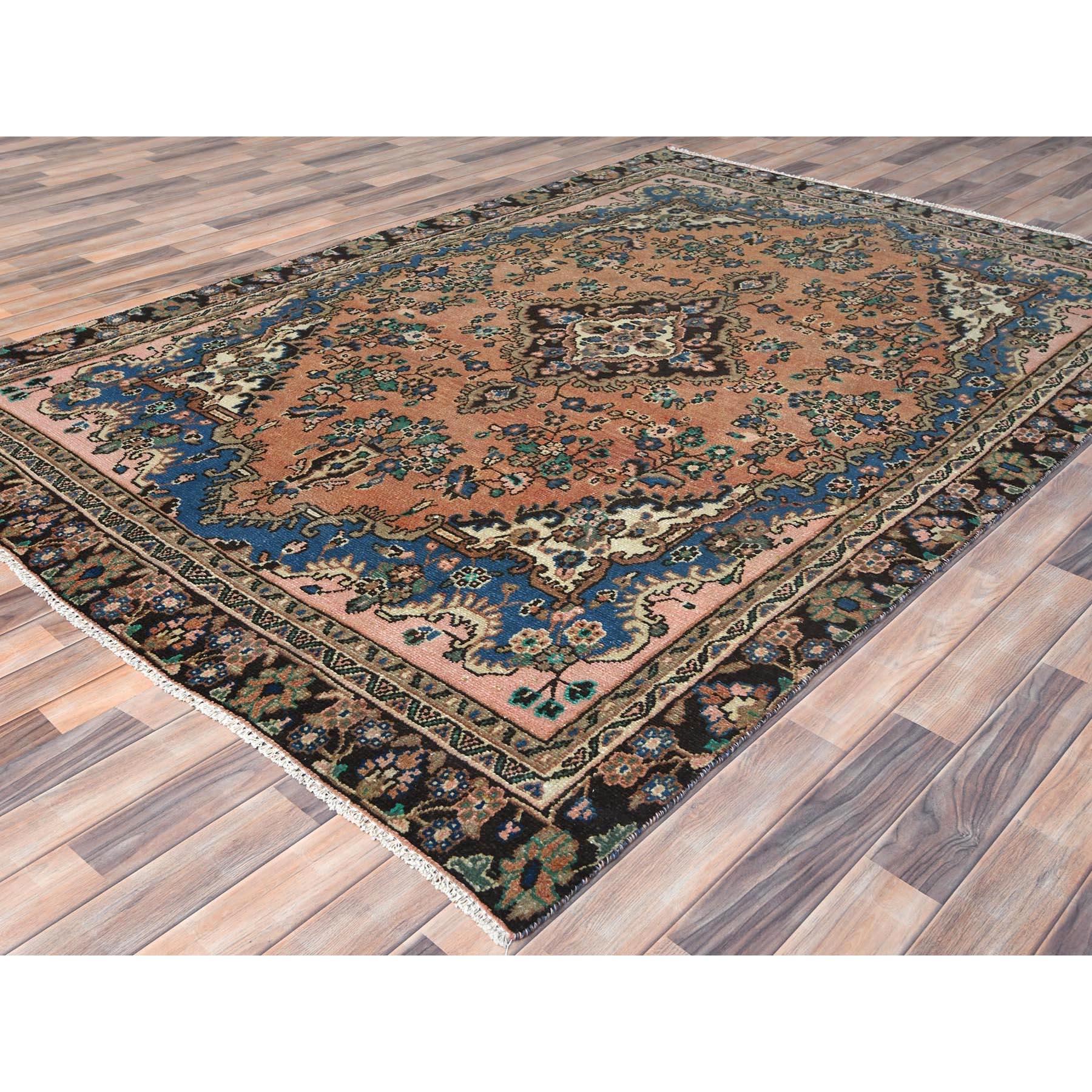 Hand-Knotted Peach Color, Distressed Worn Wool Hand Knotted, Vintage Persian Bibikabad Rug