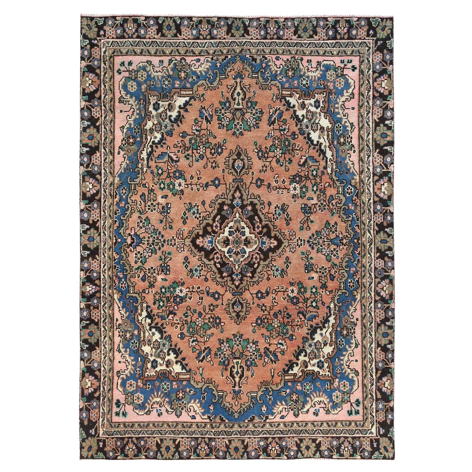 Peach Color, Distressed Worn Wool Hand Knotted, Vintage Persian Bibikabad Rug For Sale