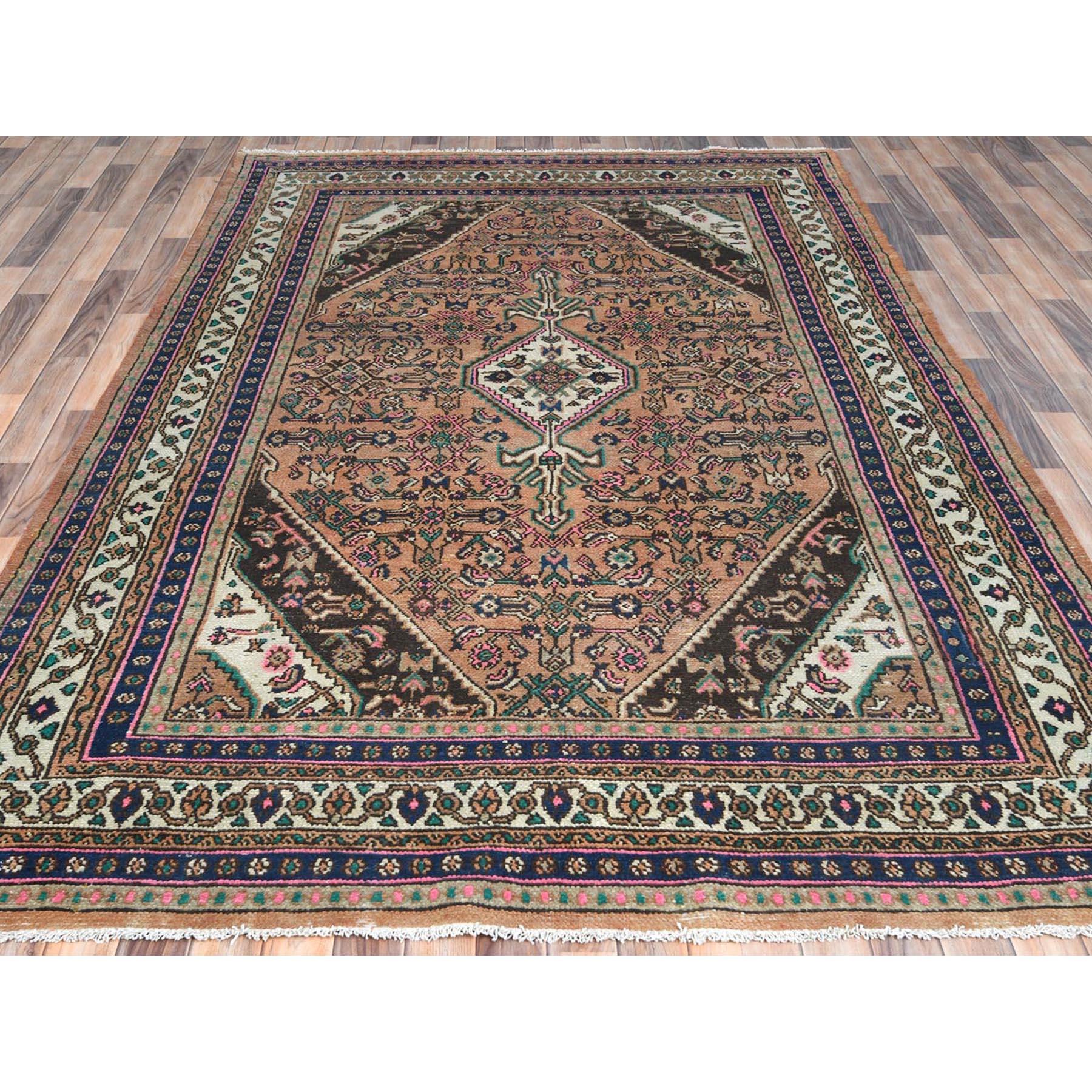 Medieval Peach Color, Hand Knotted Vintage Persian Hamadan, Worn Wool Distressed Rug For Sale