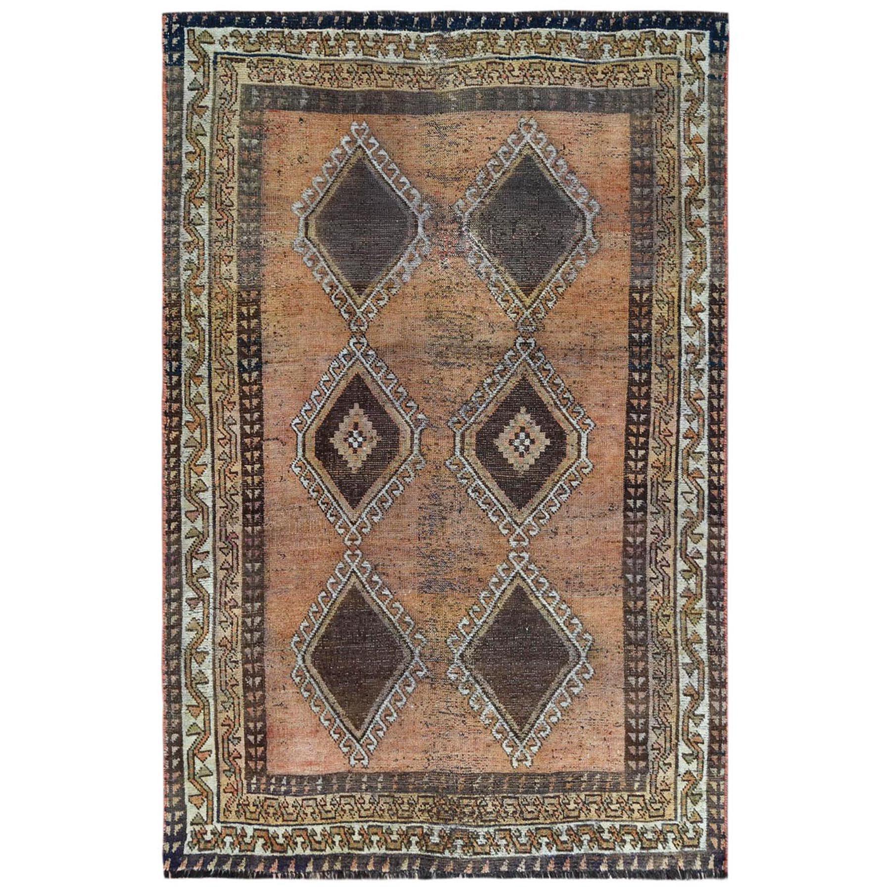 Peach Color Persian Shiraz with Brown Medallions Hand Knotted Worn Wool Old Rug  For Sale