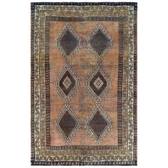 Vintage Peach Color Persian Shiraz with Brown Medallions Hand Knotted Worn Wool Old Rug 