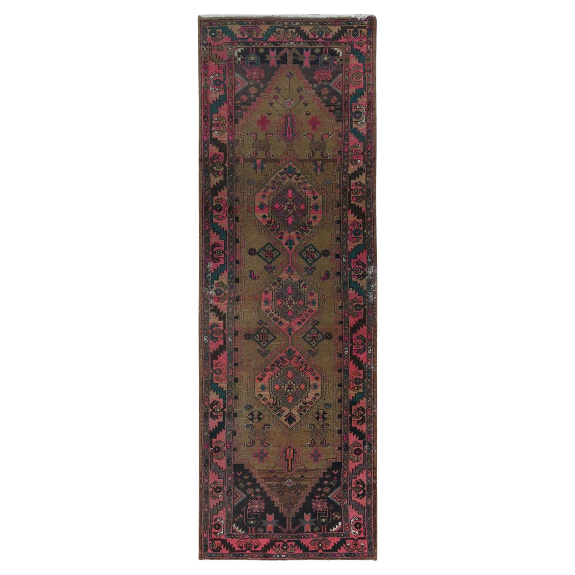 Sand Color Hand Knotted Bohemian Vintage Persian Hamadan Worn Wool