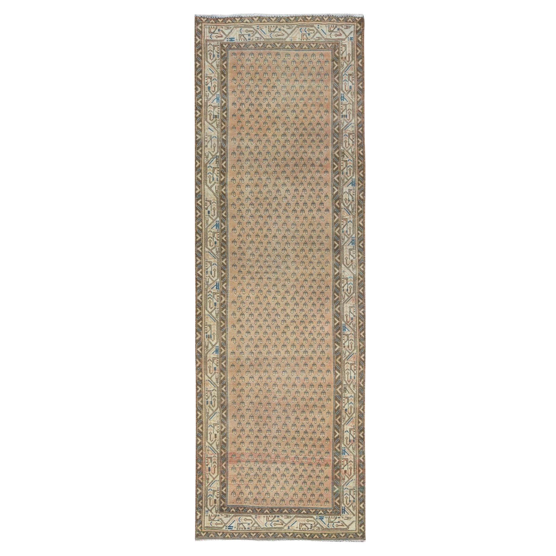 Peach Color, Vintage Persian Sarouk Mir Serab, Hand Knotted Worn Wool Runner Rug For Sale