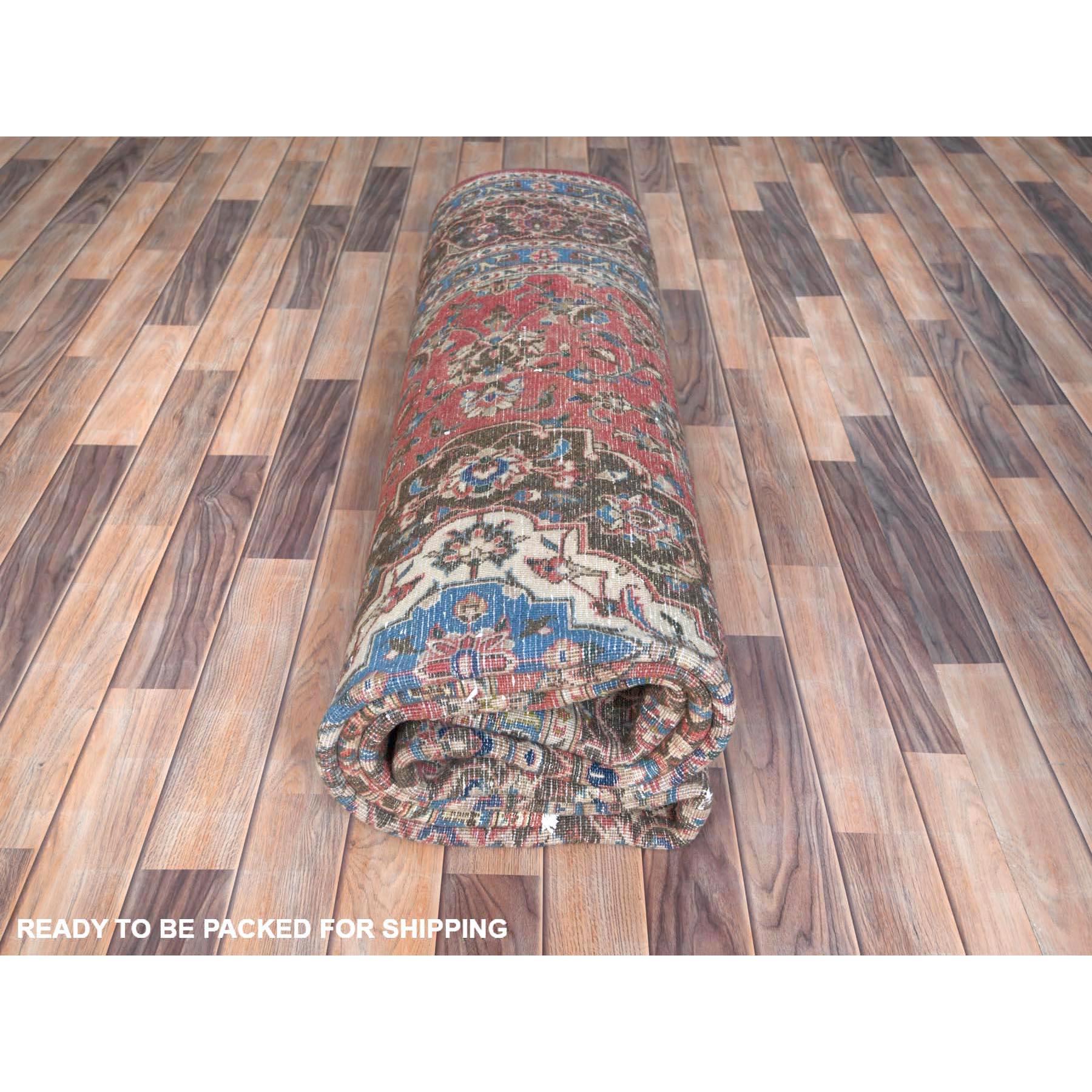 Peach Color Vintage Persian Tabriz Hand Knotted Worn Wool Distressed Look Rug For Sale 5