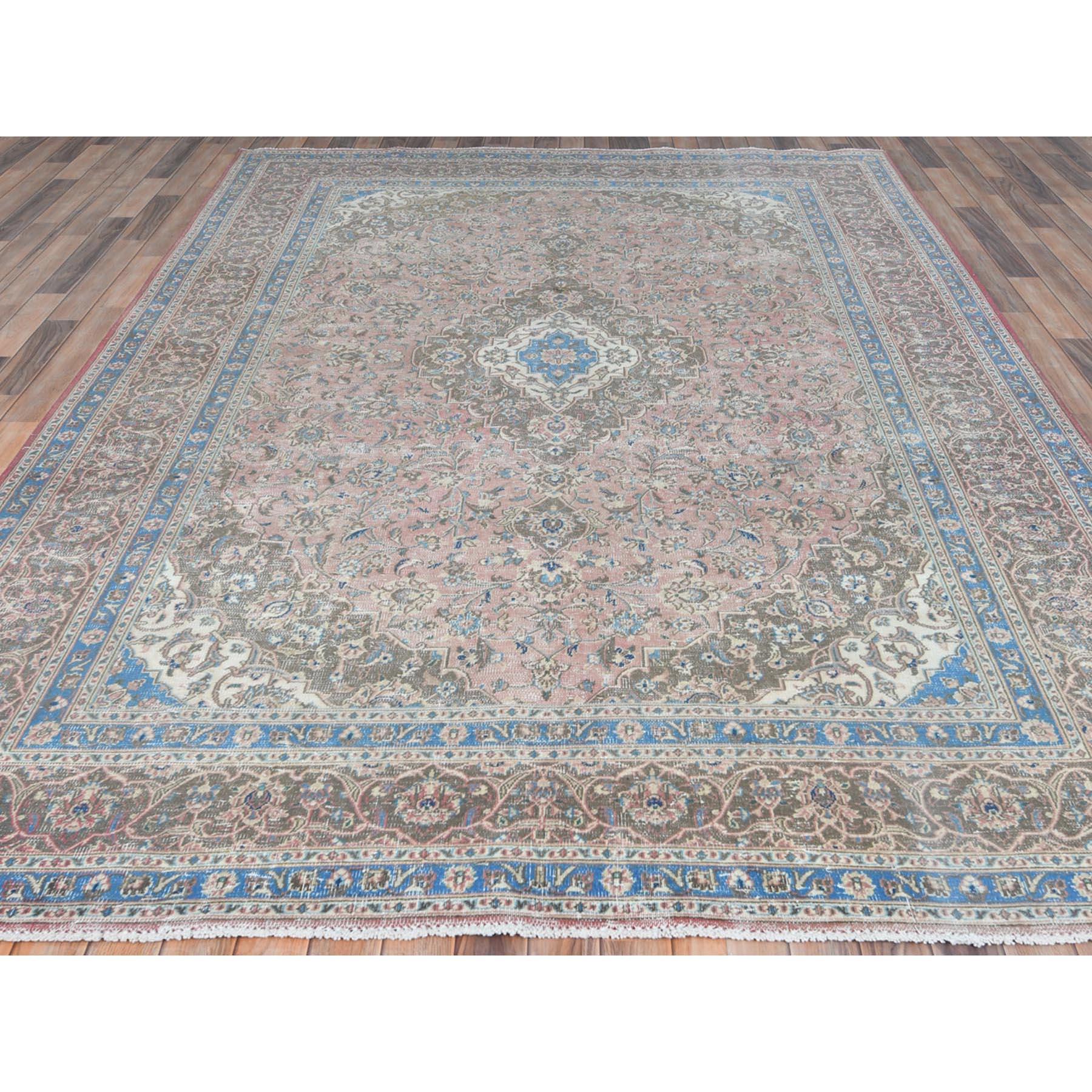 Hand-Knotted Peach Color Vintage Persian Tabriz Hand Knotted Worn Wool Distressed Look Rug For Sale