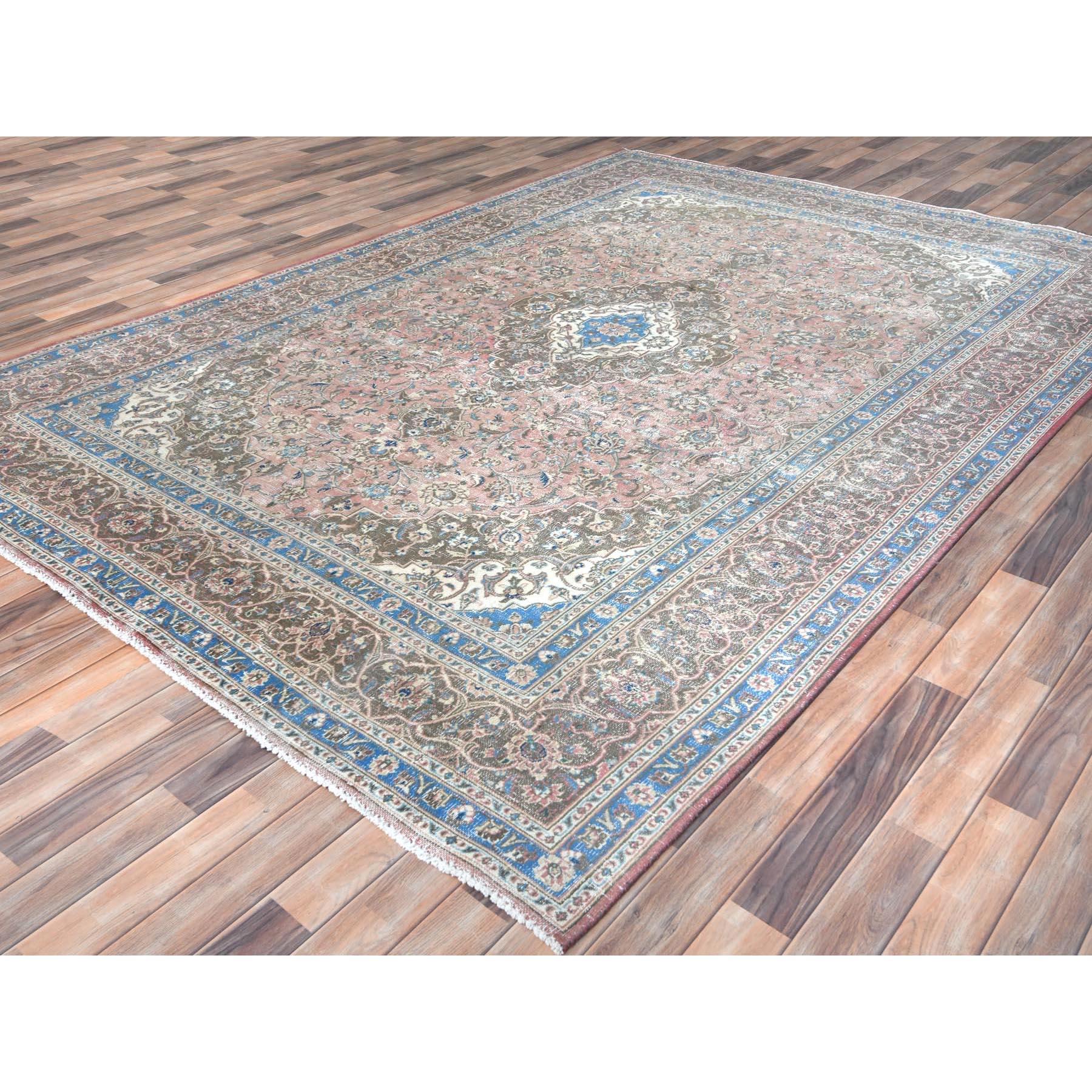 Peach Color Vintage Persian Tabriz Hand Knotted Worn Wool Distressed Look Rug In Good Condition For Sale In Carlstadt, NJ