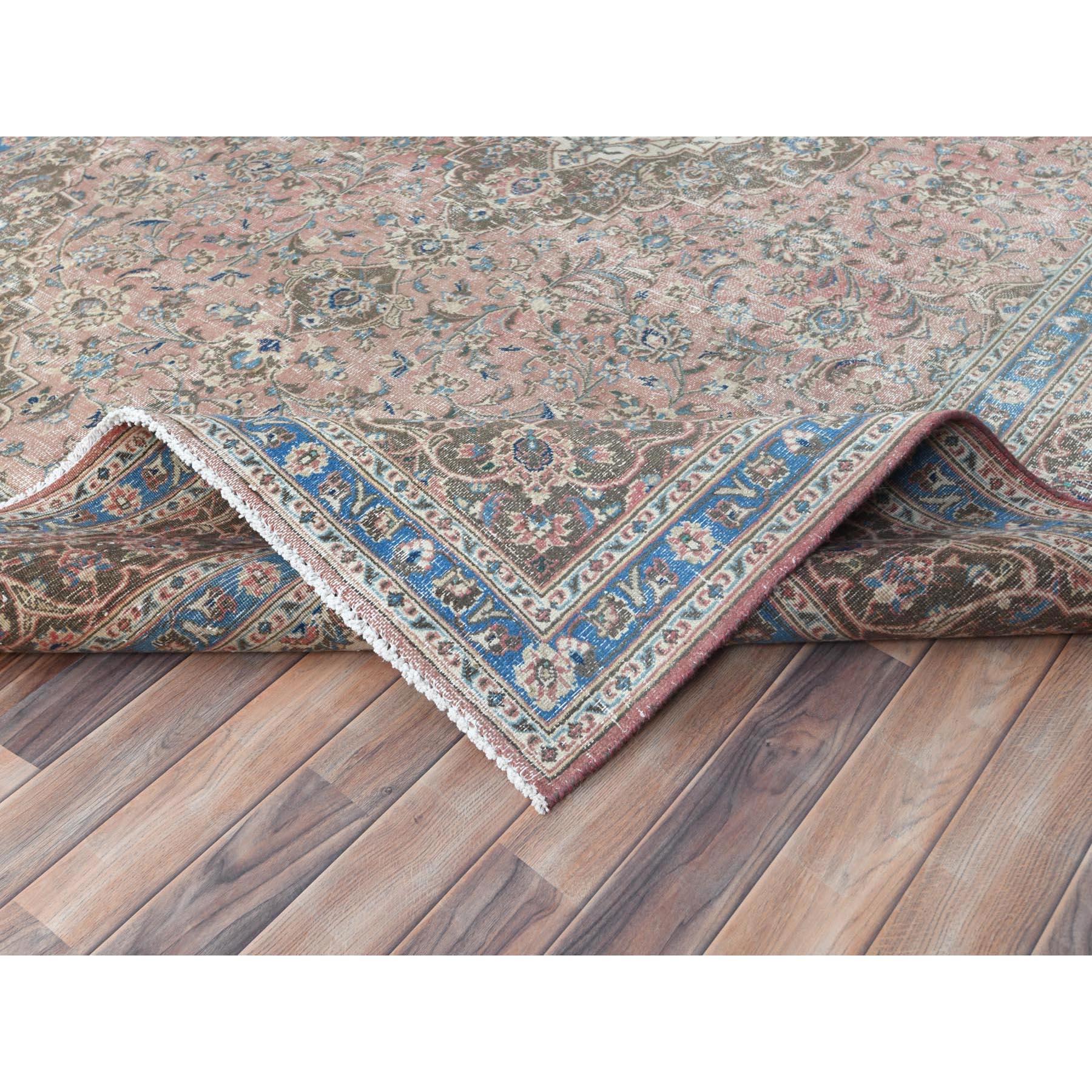 Peach Color Vintage Persian Tabriz Hand Knotted Worn Wool Distressed Look Rug For Sale 2