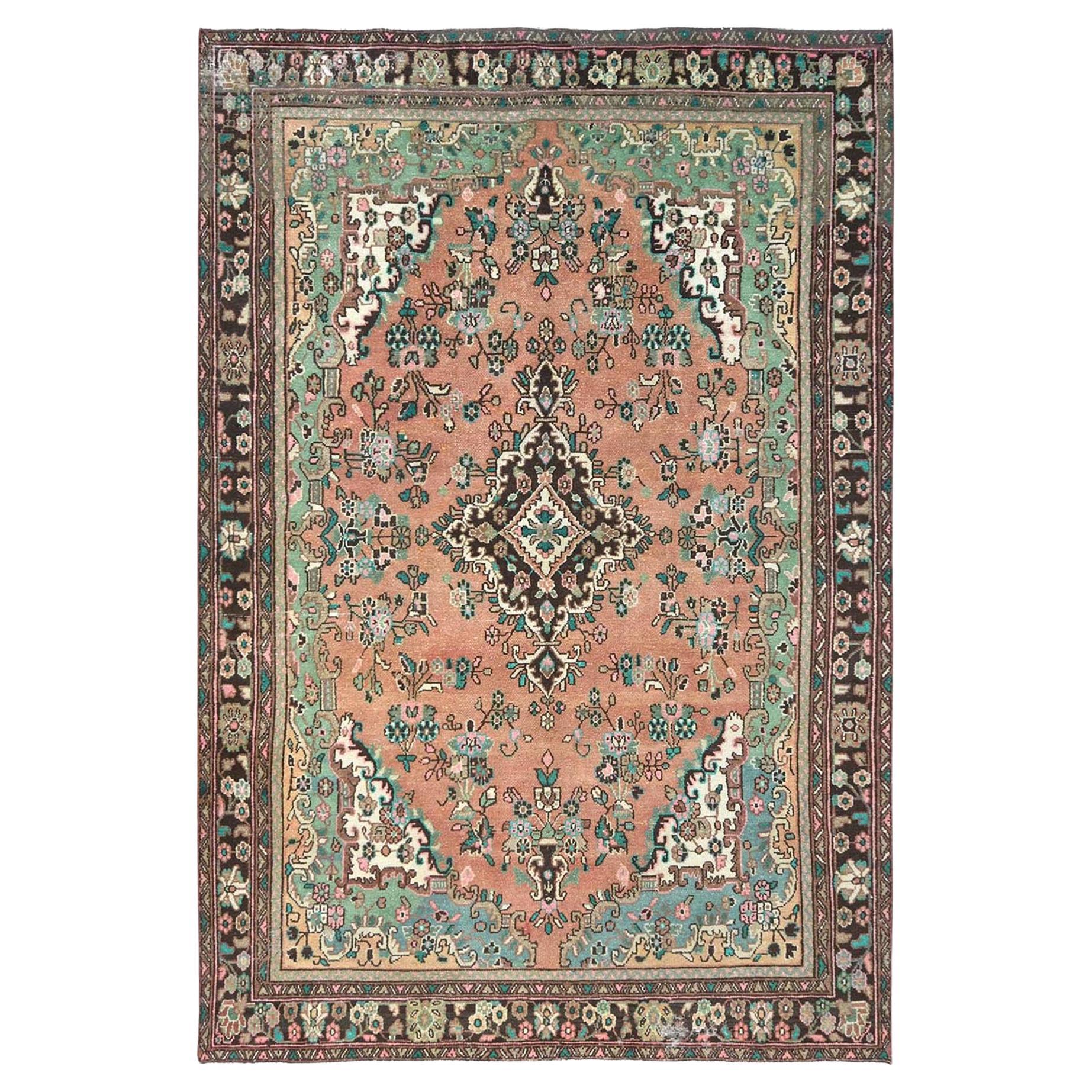 Peach Color Vintage Persian Mahal Dated Sheared Low Hand Knotted Worn