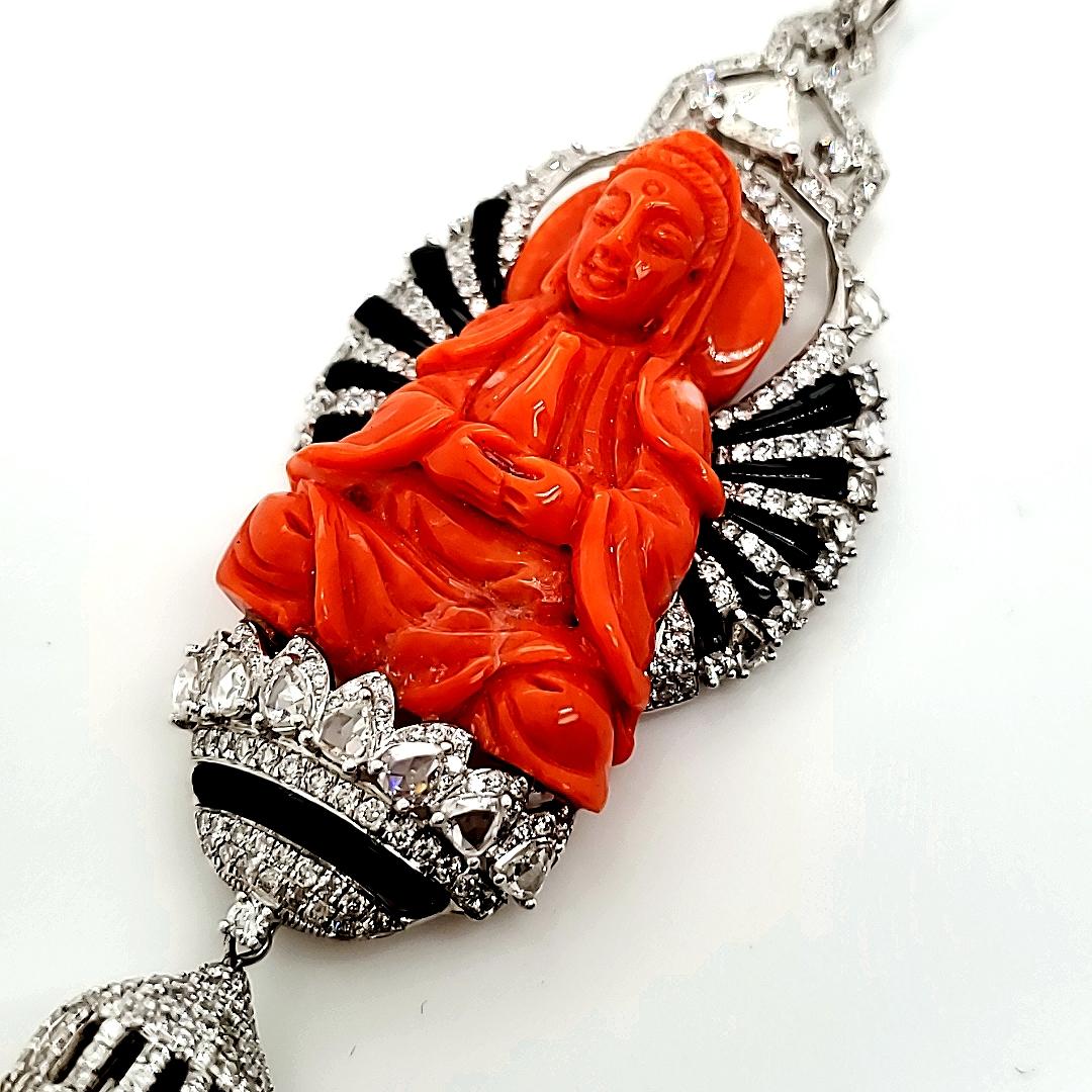 Contemporary Peach Coral Buddha Statue Tassel Necklace With Diamonds, Freshwater Pearls And B For Sale