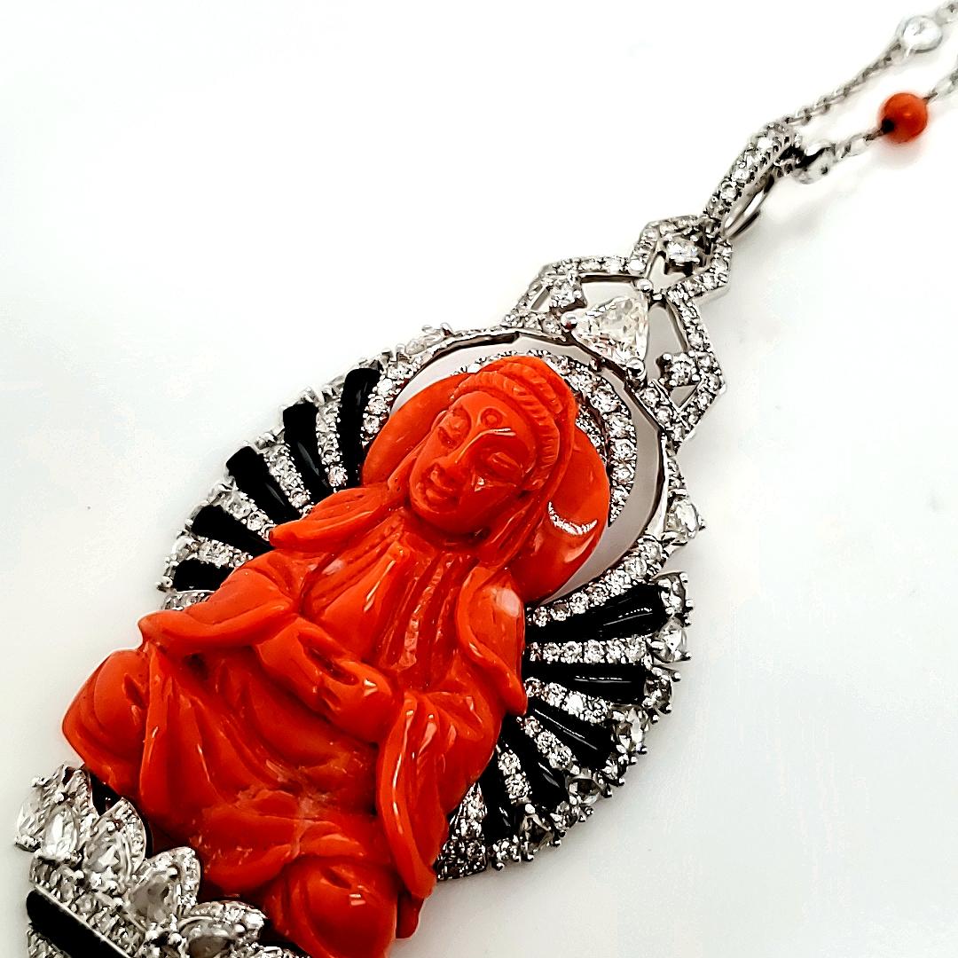 Round Cut Peach Coral Buddha Statue Tassel Necklace With Diamonds, Freshwater Pearls And B For Sale