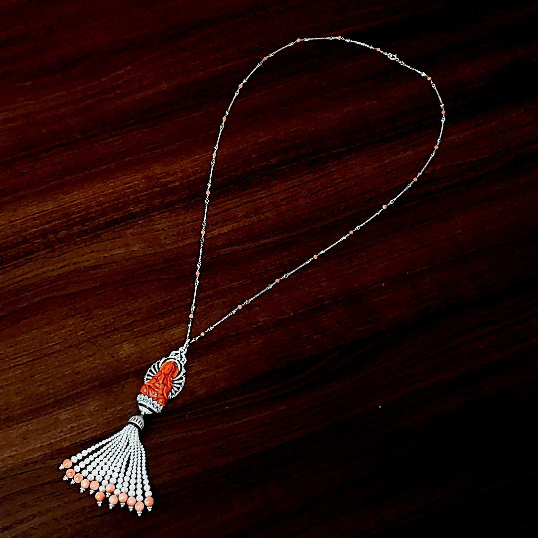Peach Coral Buddha Statue Tassel Necklace With Diamonds, Freshwater Pearls And B In New Condition For Sale In Hong Kong, HK