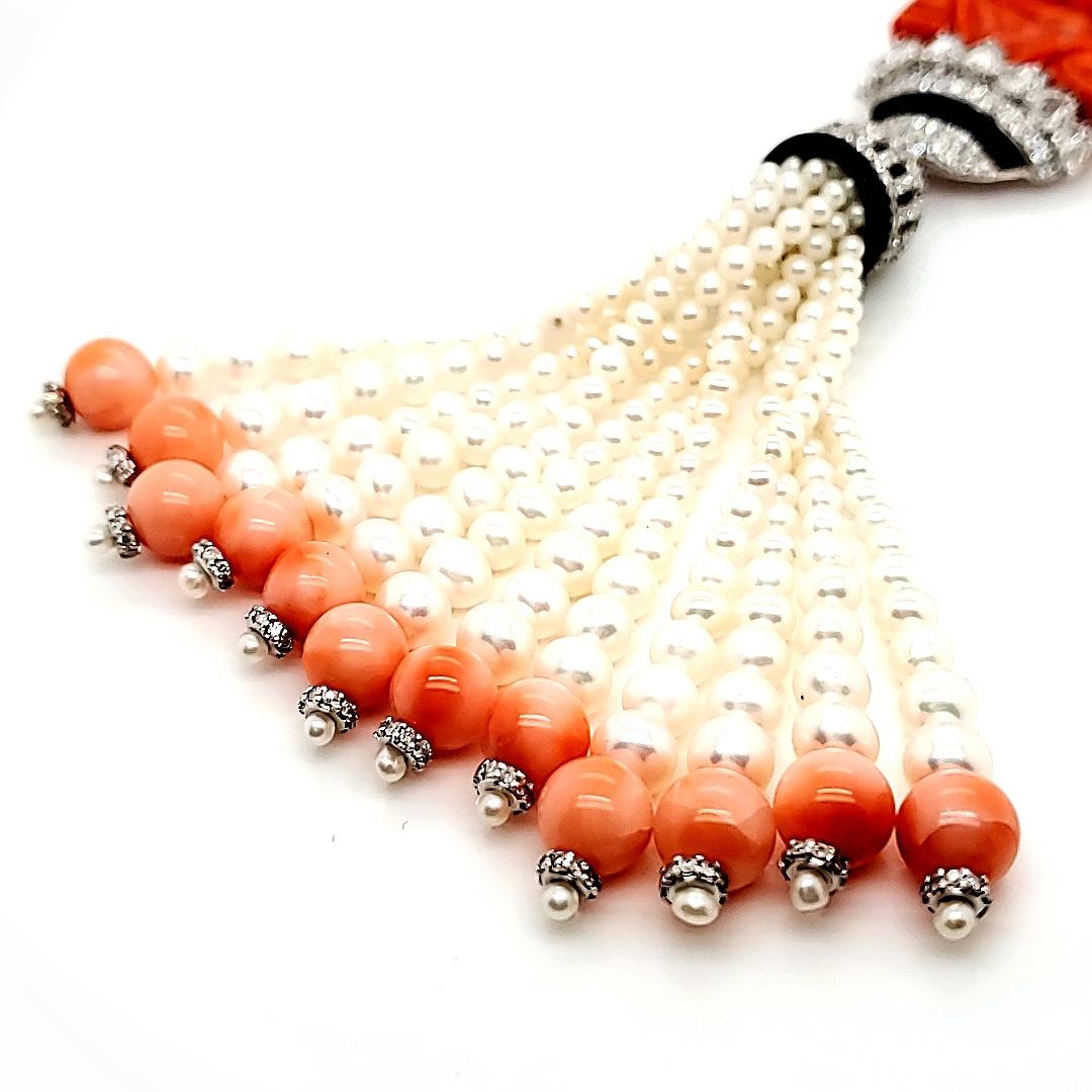 Women's or Men's Peach Coral Buddha Statue Tassel Necklace With Diamonds, Freshwater Pearls And B For Sale