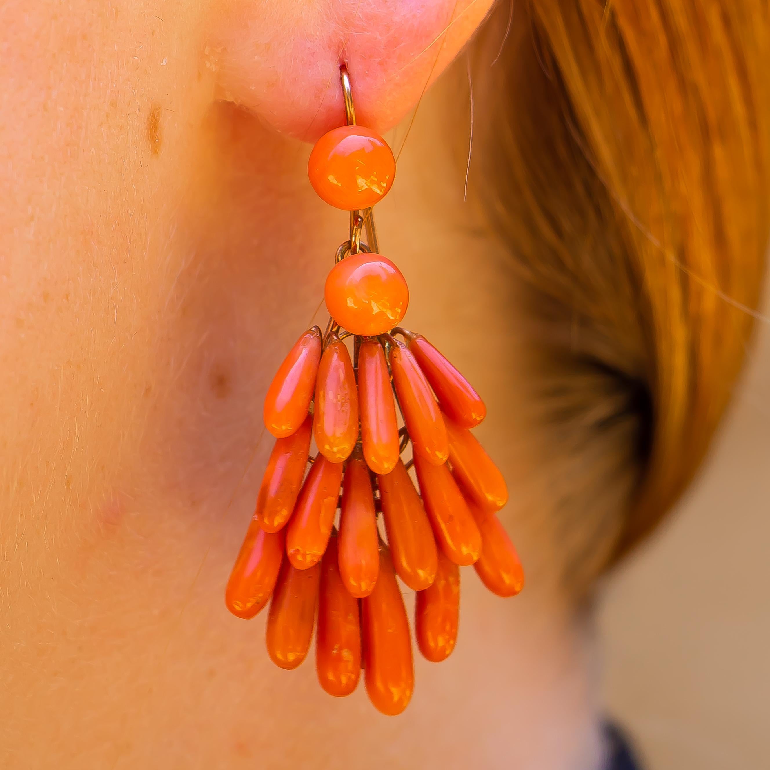 Cabochon Peach Coral Earrings Handmade English 9 Karat Gold, 1880s