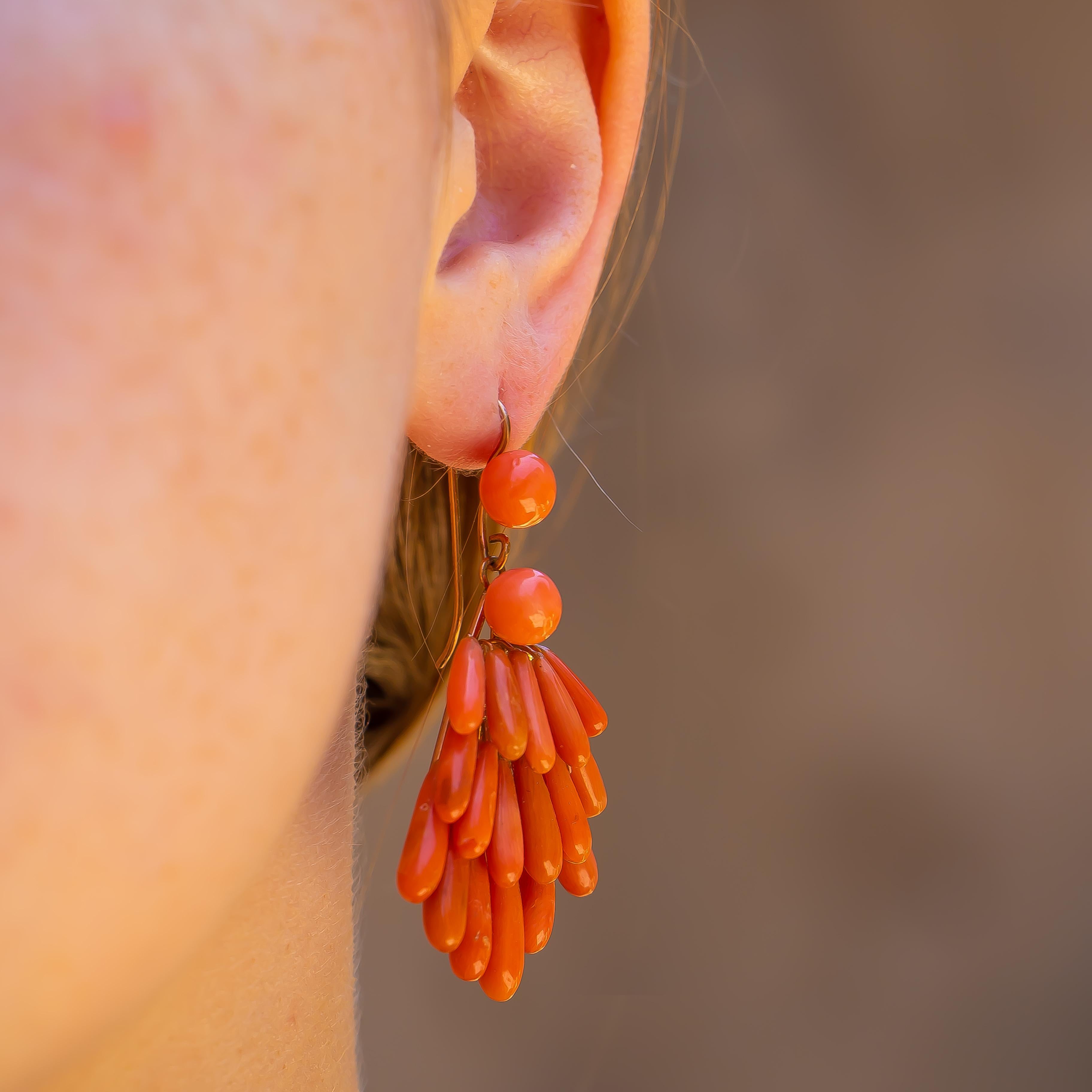 Peach Coral Earrings Handmade English 9 Karat Gold, 1880s In Good Condition In Carlsbad, CA