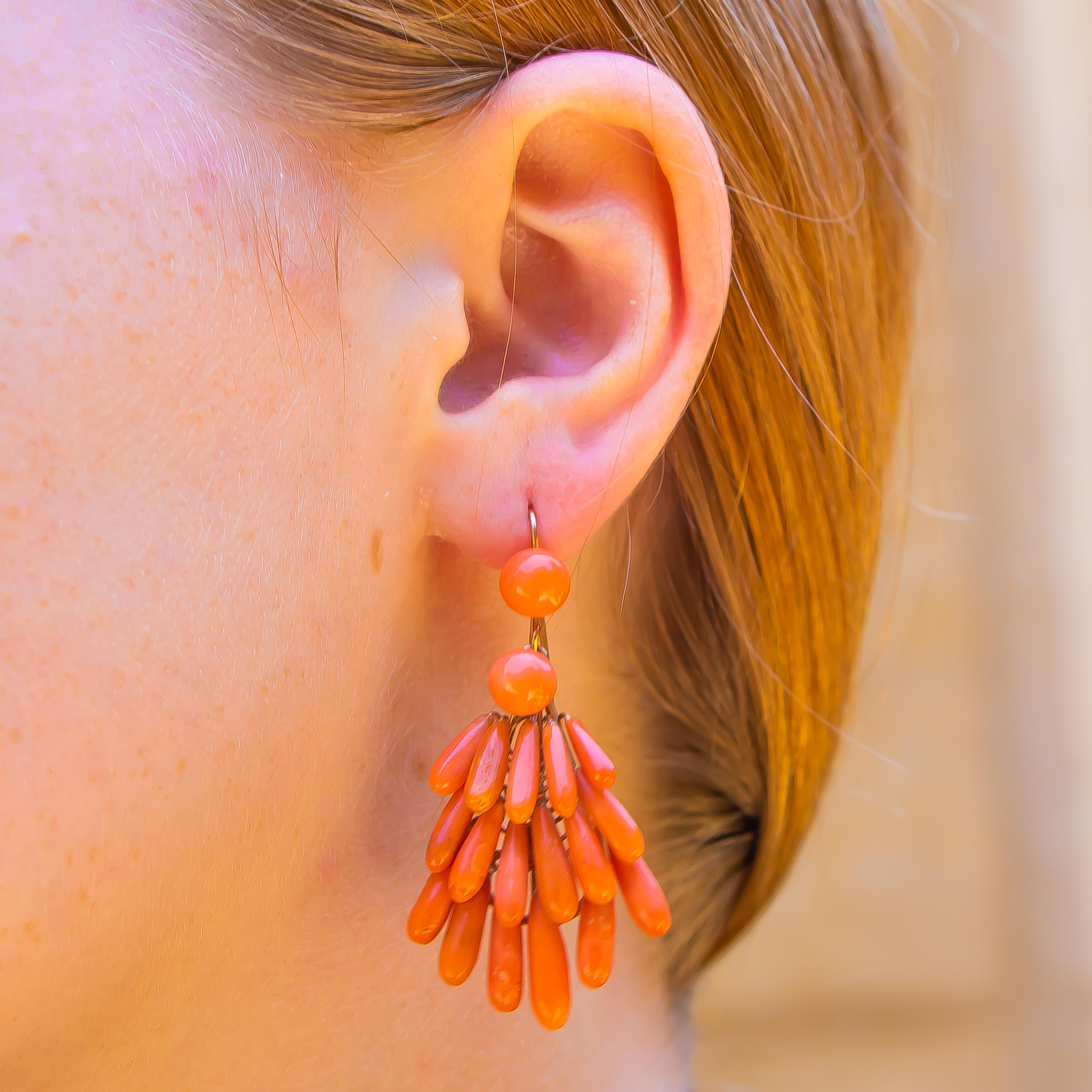 Women's Peach Coral Earrings Handmade English 9 Karat Gold, 1880s