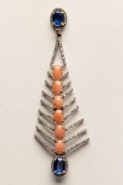 Peach Coral, Kyanite and Diamond Feather Motif Earrings