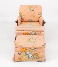 Peach Floral Upholstered Lounge Chair and Ottoman