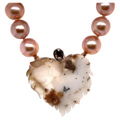 Peach Fresh Water Pearl Necklace with a Brown and White Druzy Heart Clasp