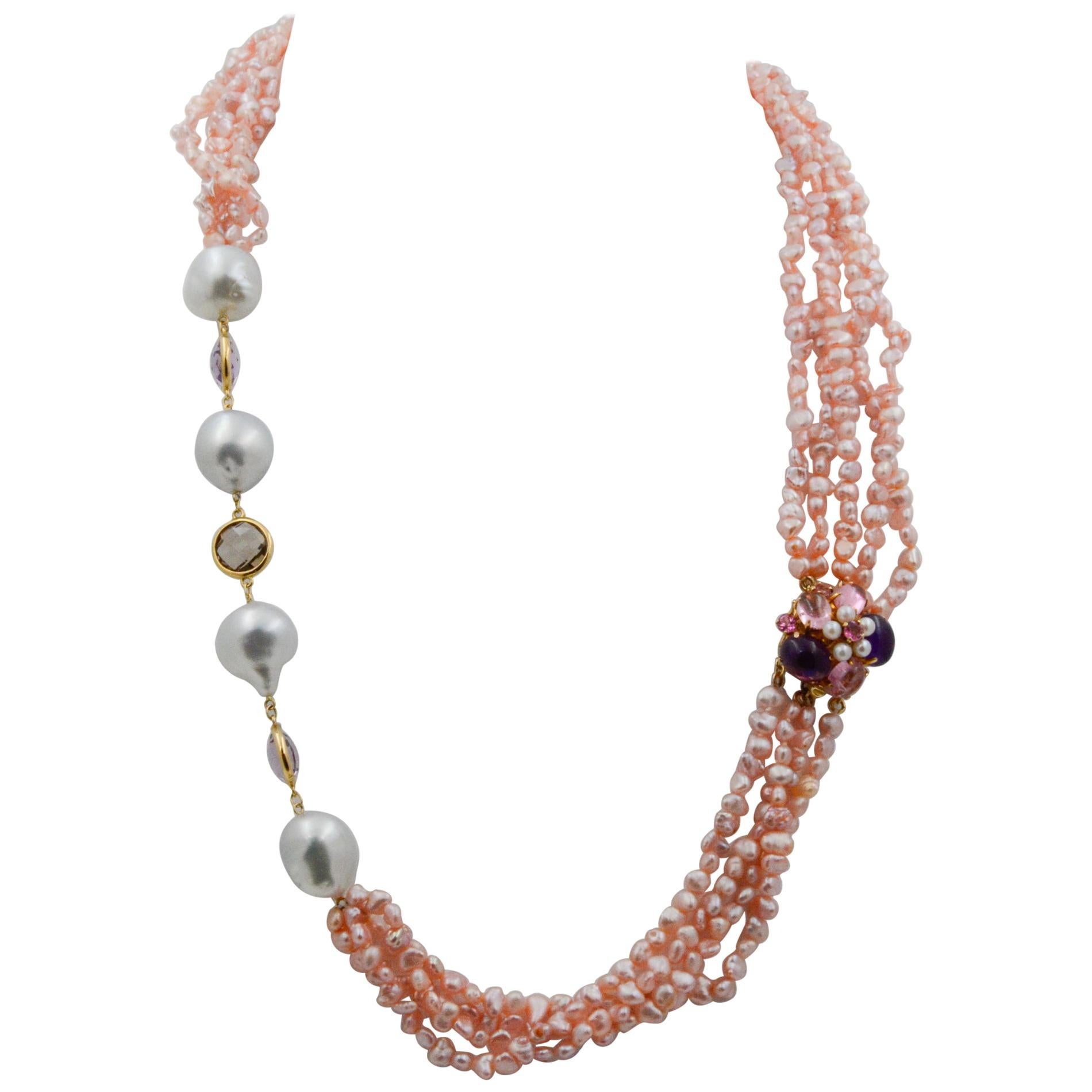 Mixed Fresh Water Pearl Twisted Necklace Matt Gold