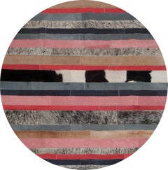 Peach, Gray & White Round Nueva Raya Customizable Cowhide Area Floor Rug Medium