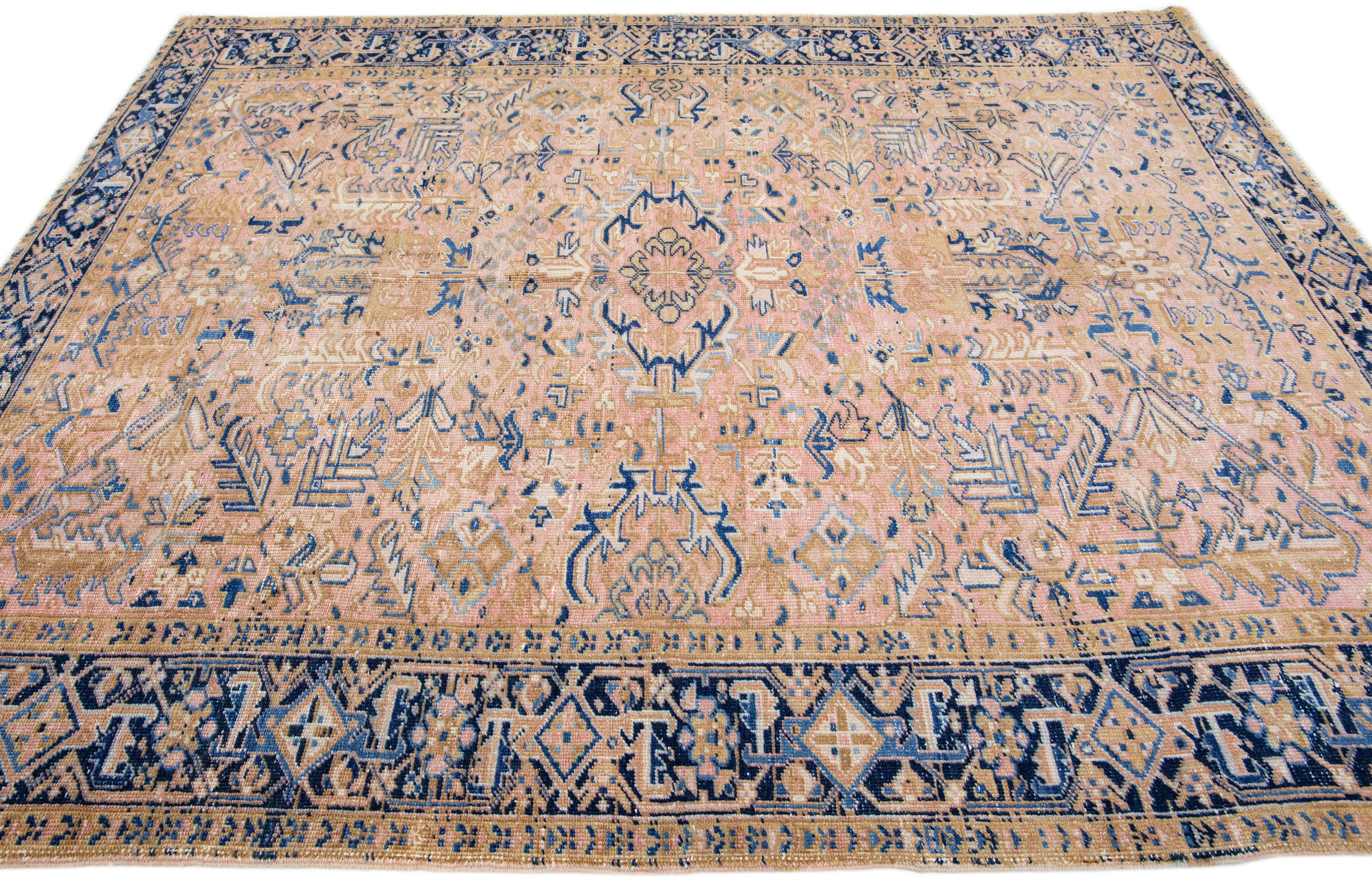 Hand-Knotted Peach Handmade Antique Heriz Persian Wool Rug with Allover Pattern For Sale