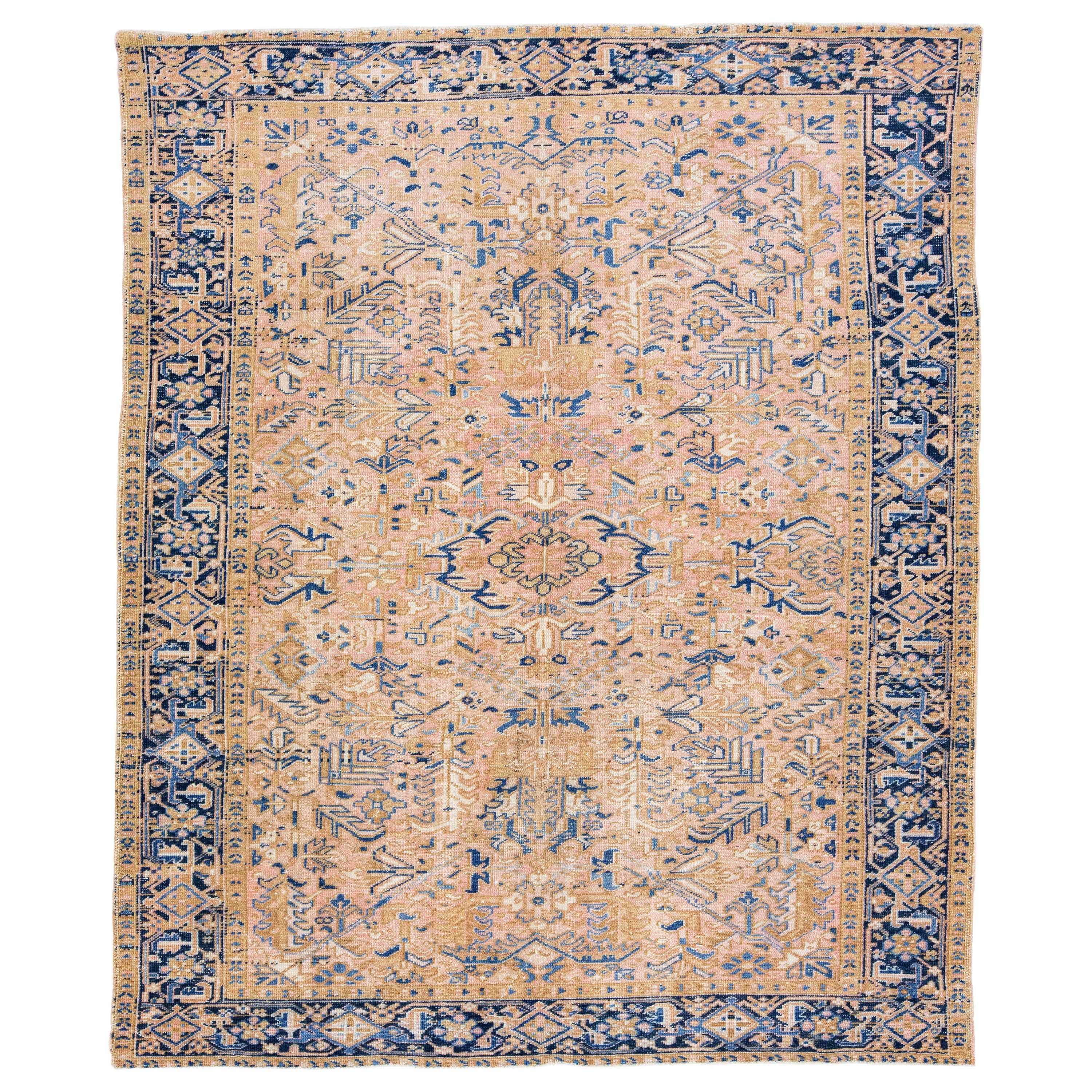 Peach Tapis en laine persane Heriz antique fait à la main avec motif Allover