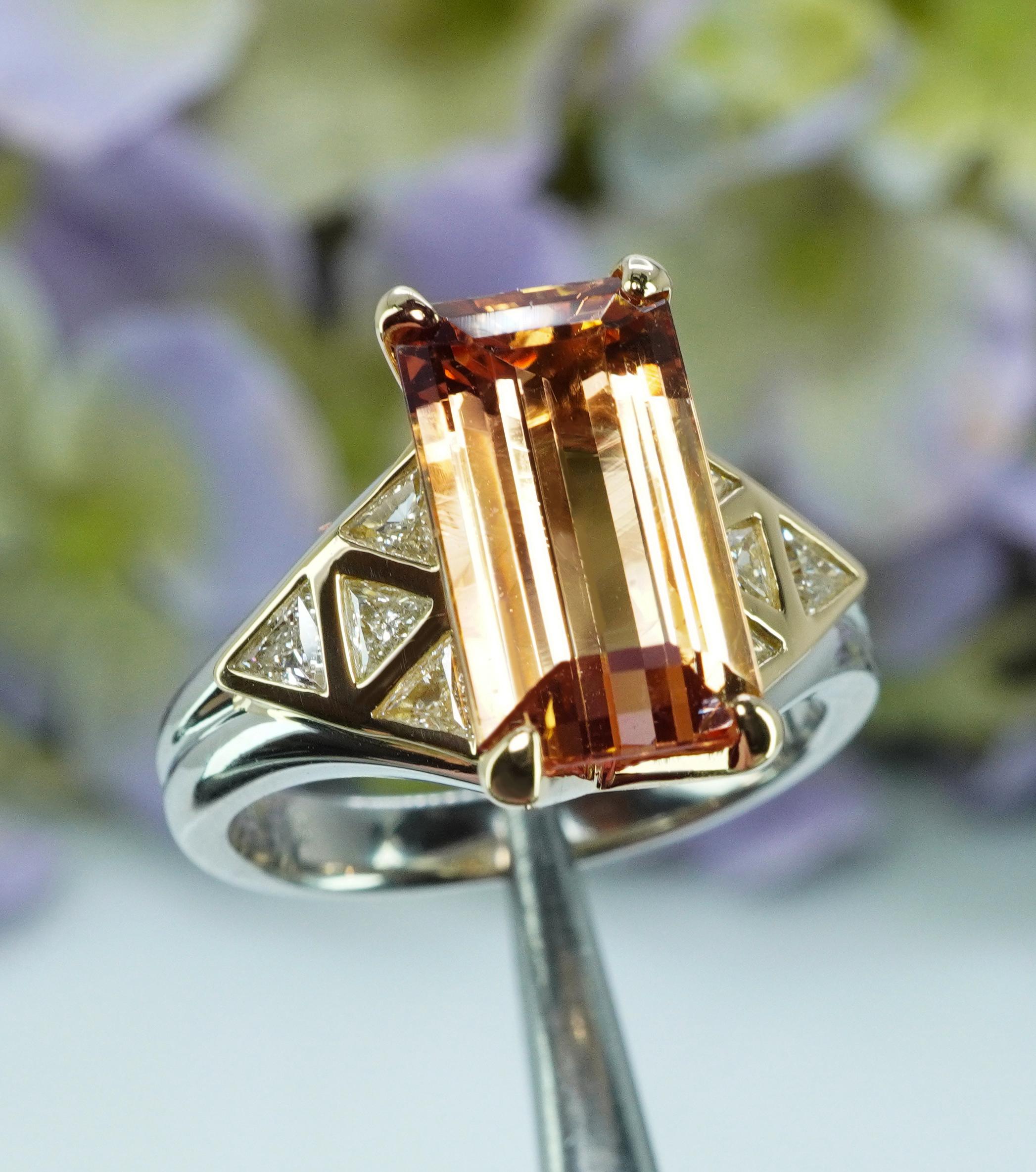 Emerald Cut Peach Imperial Topaz Trillion Diamond 18K Gold Platinum Ring Heavy Vintage Estat