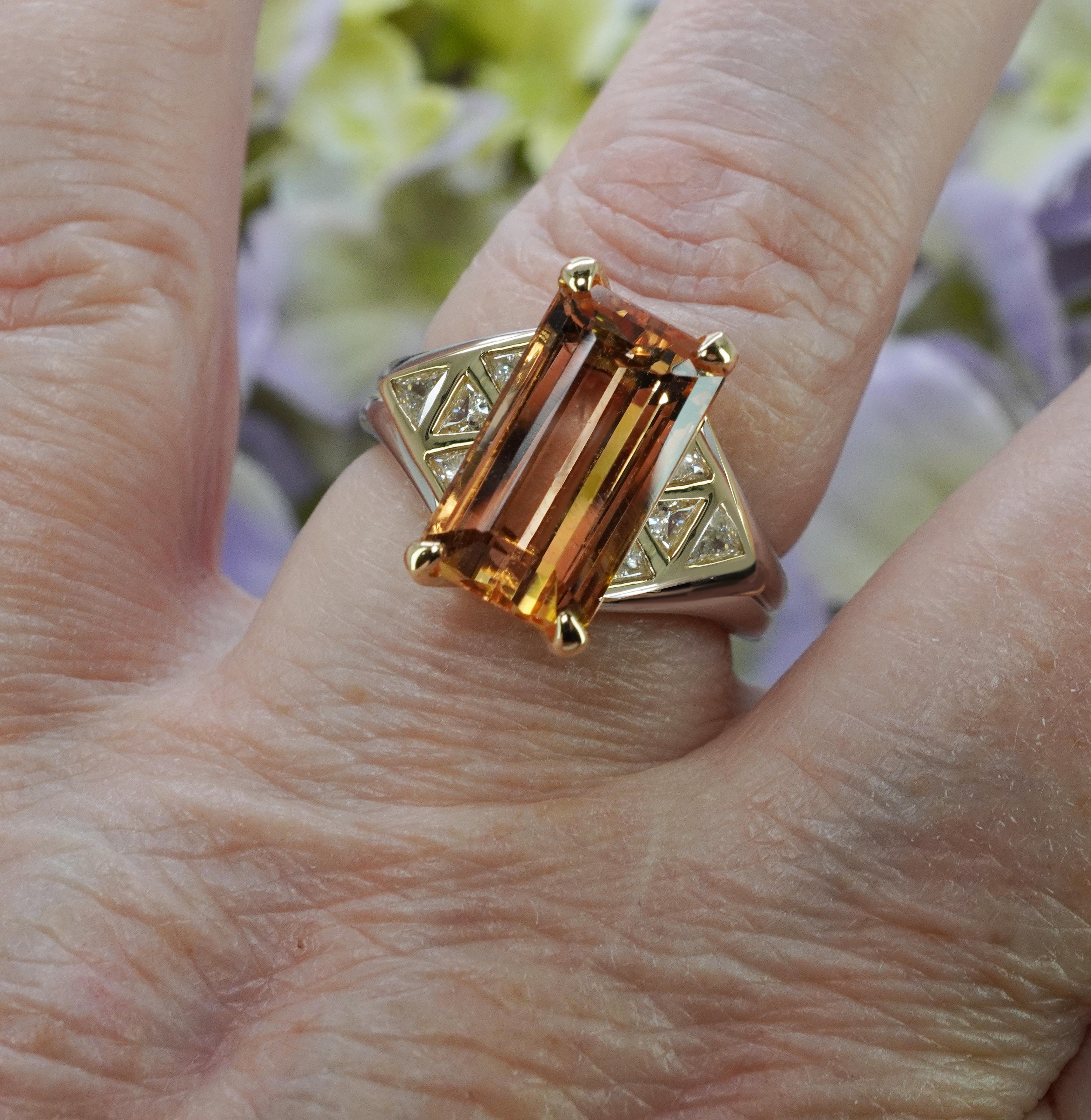Peach Imperial Topaz Trillion Diamond 18K Gold Platinum Ring Heavy Vintage Estat In Good Condition In Brambleton, US