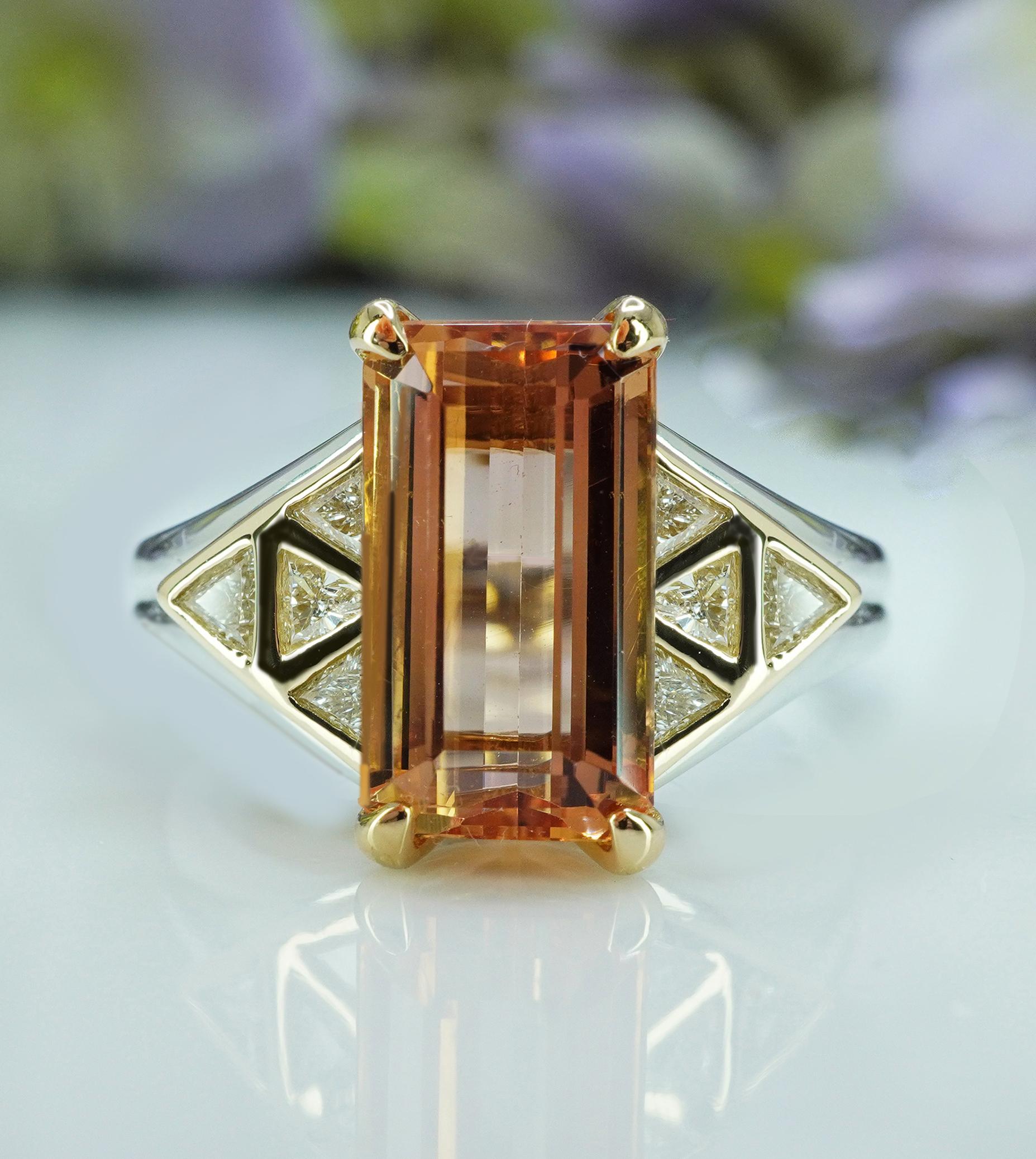 Women's Peach Imperial Topaz Trillion Diamond 18K Gold Platinum Ring Heavy Vintage Estat