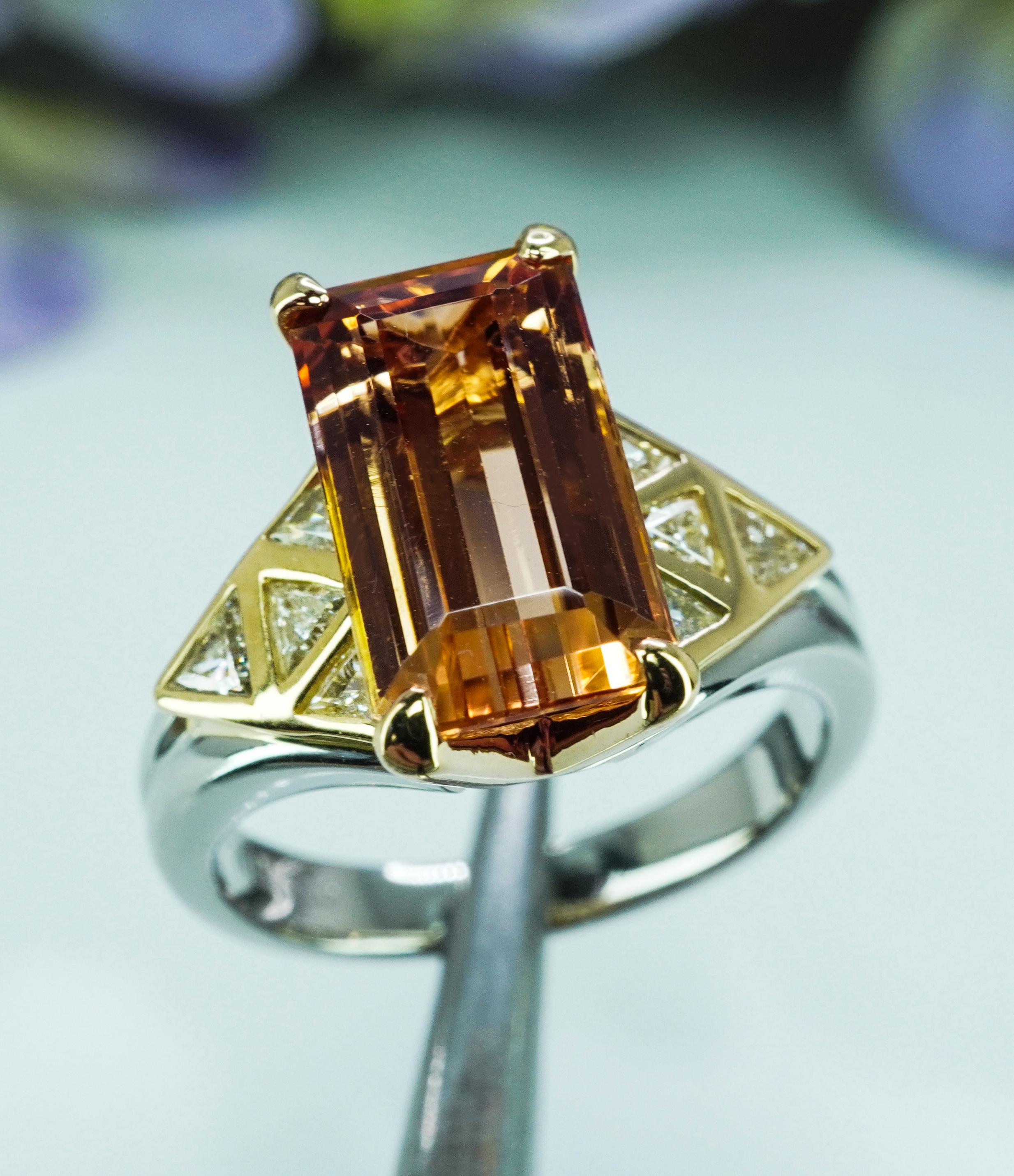 Peach Imperial Topaz Trillion Diamond 18K Gold Platinum Ring Heavy Vintage Estat 1