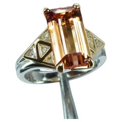 Peach Imperial Topaz Trillion Diamond 18K Gold Platinum Ring Heavy Vintage Estat