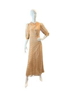 Peach Lace Gown with Blue Buttons 1940s Vintage with Puff Sleeves - Size 00/0