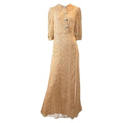 Peach Lace Gown with Blue Buttons 1940s Vintage with Puff Sleeves - Size 00/0