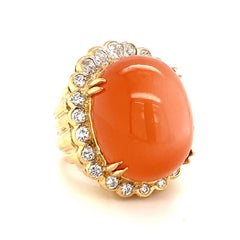 Peach Moonstone and Diamond Dome 18K Yellow Gold Cocktail Ring, circa 1970s