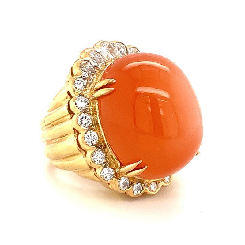 Cabochon Peach Moonstone and Diamond Dome 18K Yellow Gold Cocktail Ring, circa 1970s For Sale