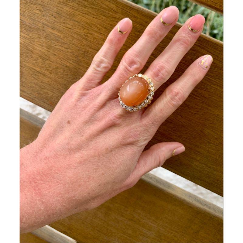 Peach Moonstone and Diamond Dome 18K Yellow Gold Cocktail Ring, circa 1970s In Good Condition For Sale In Beverly Hills, CA