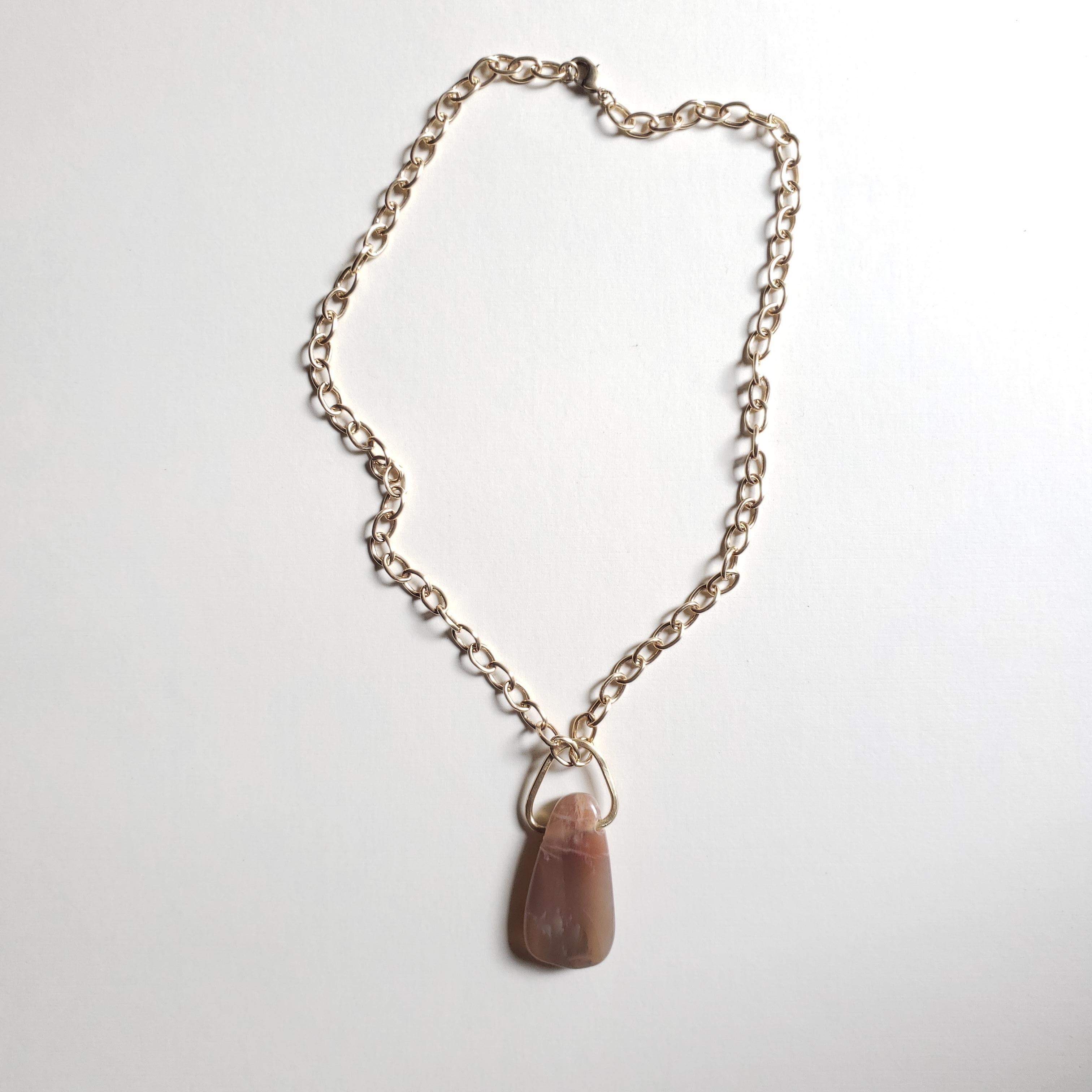 Tumbled Peach Moonstone and Gold Hued Brass Chain Chakra Love Necklace For Sale