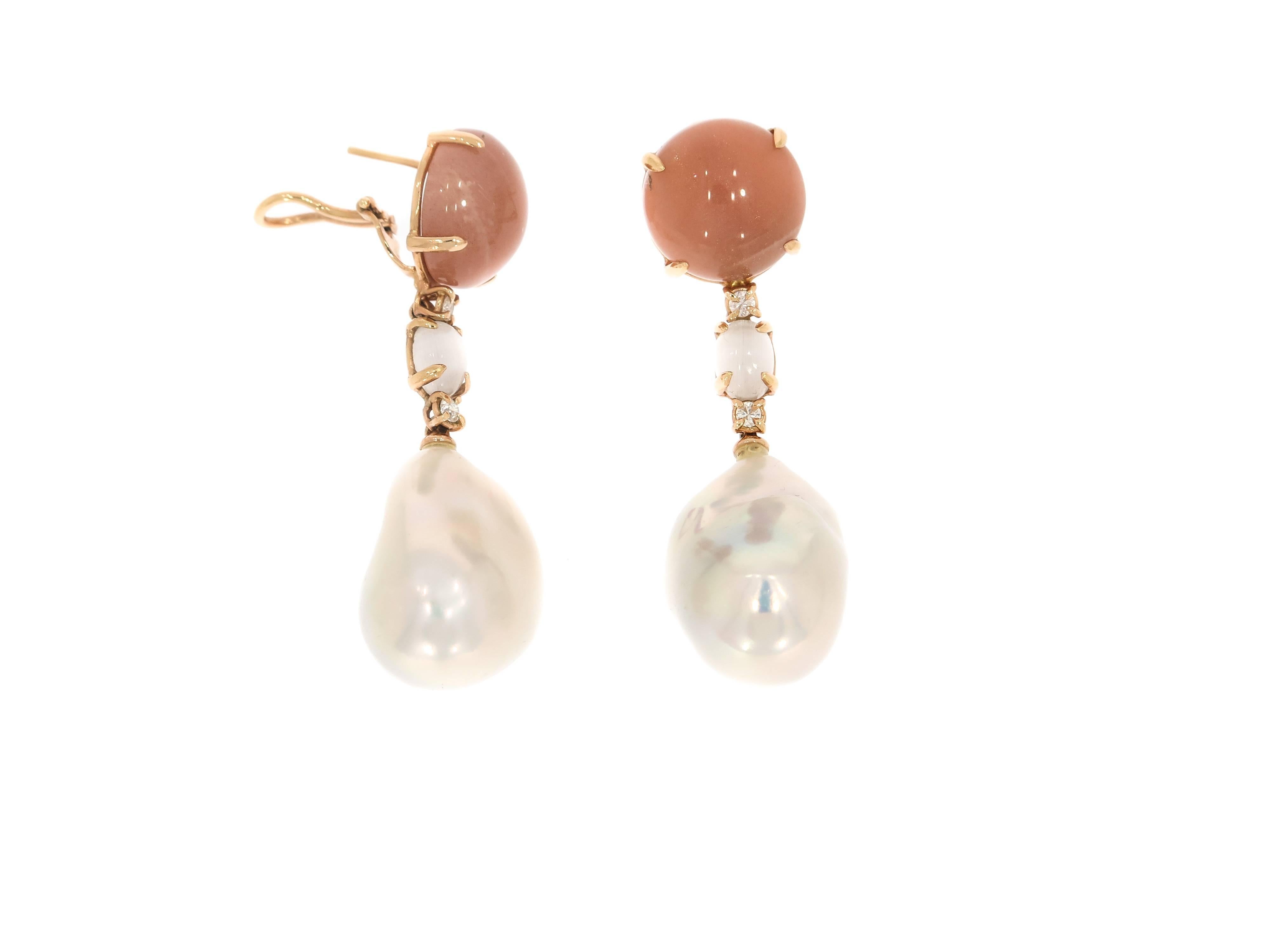 Artist Peach Moonstone and Pearl Drop Earrings